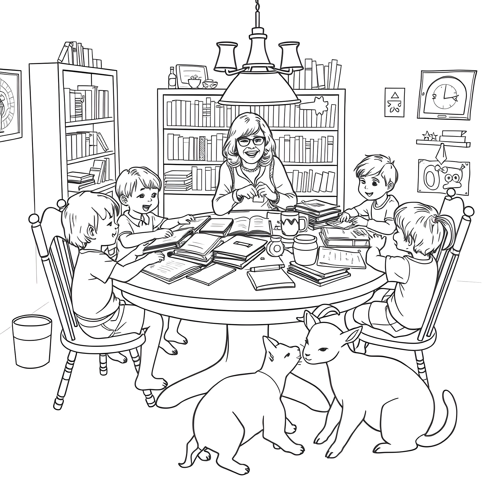 Homeschooling family learning together around the table Coloring Page (free black-and-white line drawing printable PDF for all, from beginners to advanced learners, including children, teens, adults, and seniors)