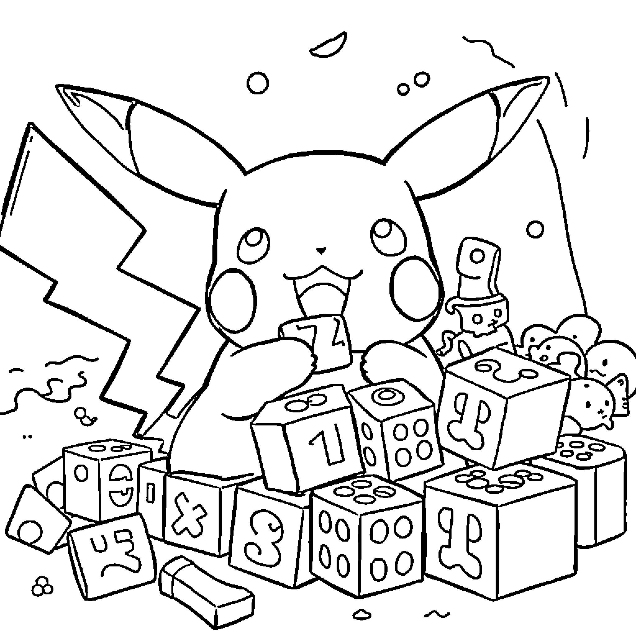 Pikachu playing joyfully with toys Coloring Page (free black-and-white line drawing printable PDF for all, from beginners to advanced learners, including children, teens, adults, and seniors)