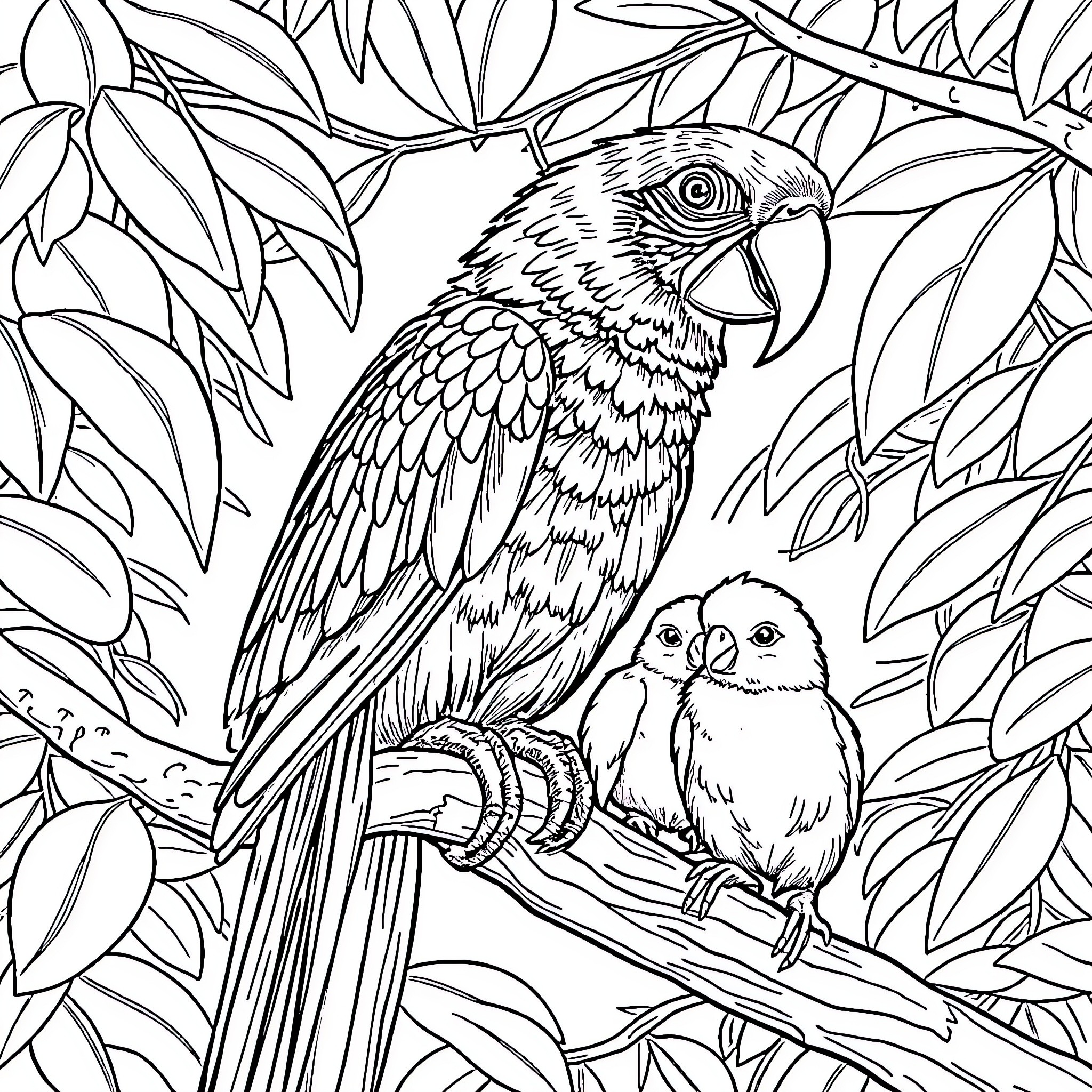 Parrot perched with baby birds in lush foliage Coloring Page (free black-and-white line drawing printable PDF for all, from beginners to advanced learners, including children, teens, adults, and seniors)