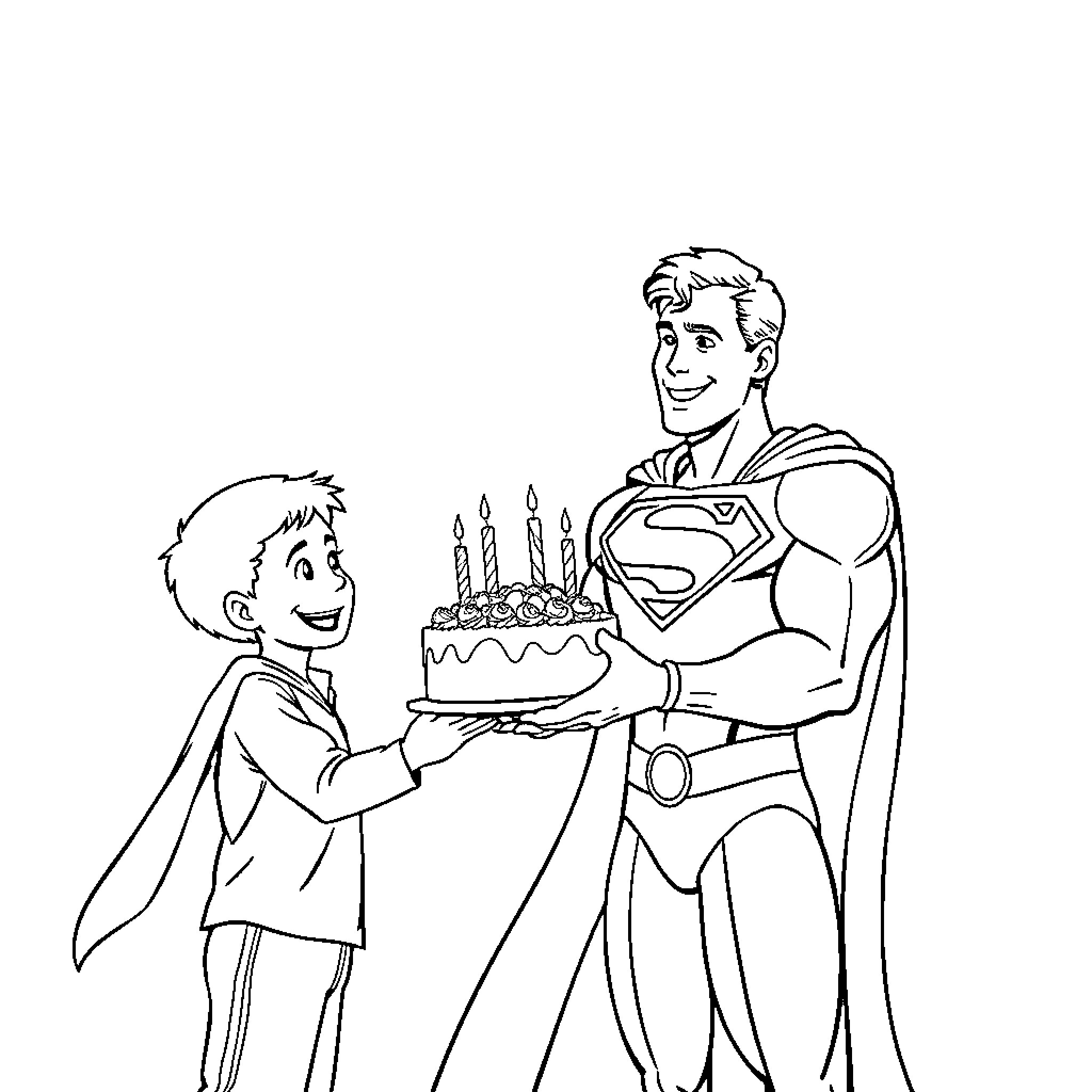 Superman helps boy celebrate birthday with cake Coloring Page (free black-and-white line drawing printable PDF for all, from beginners to advanced learners, including children, teens, adults, and seniors)