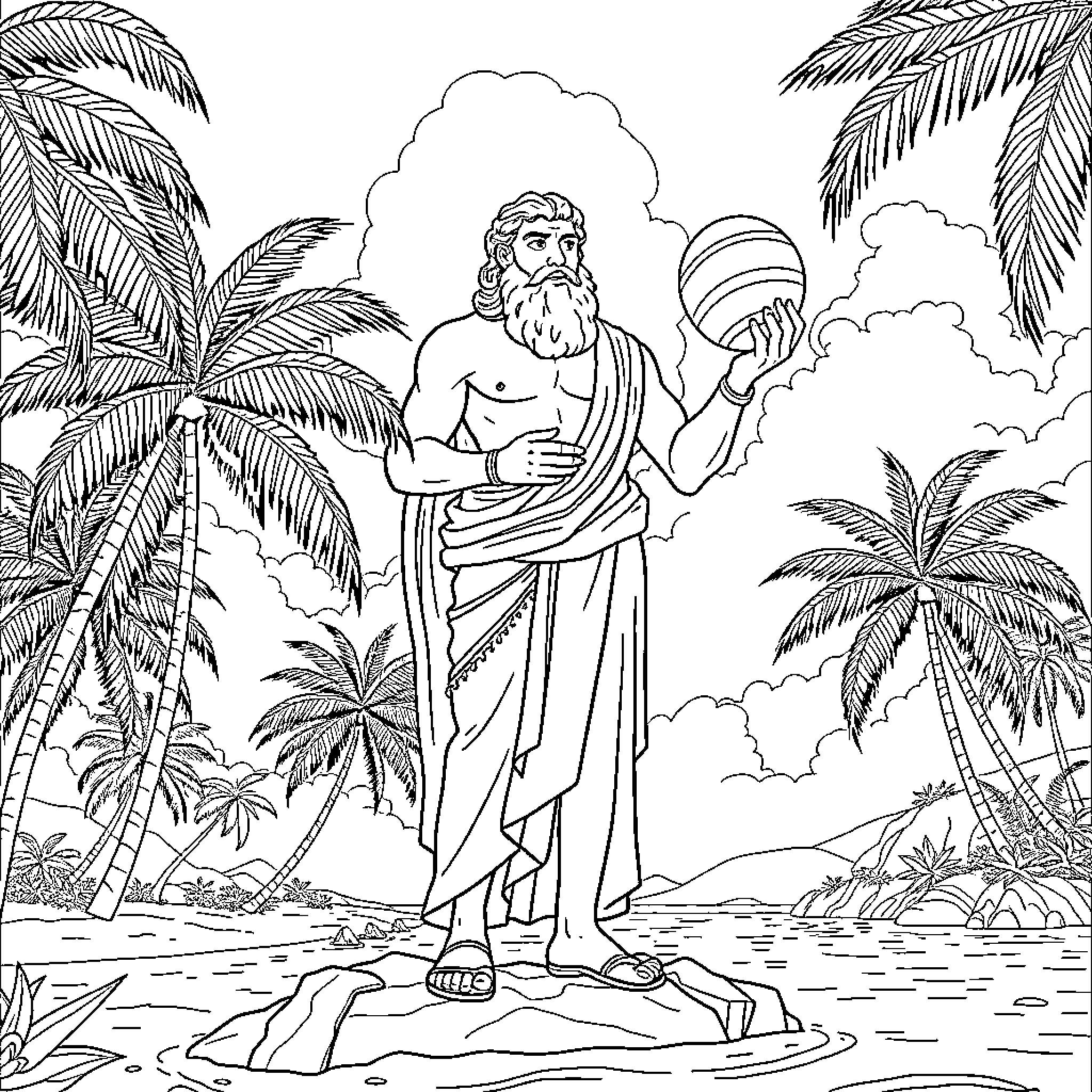 Aesop's Fable: Wise Philosopher in Tropical Paradise Coloring Page (free black-and-white line drawing printable PDF for all, from beginners to advanced learners, including children, teens, adults, and seniors)