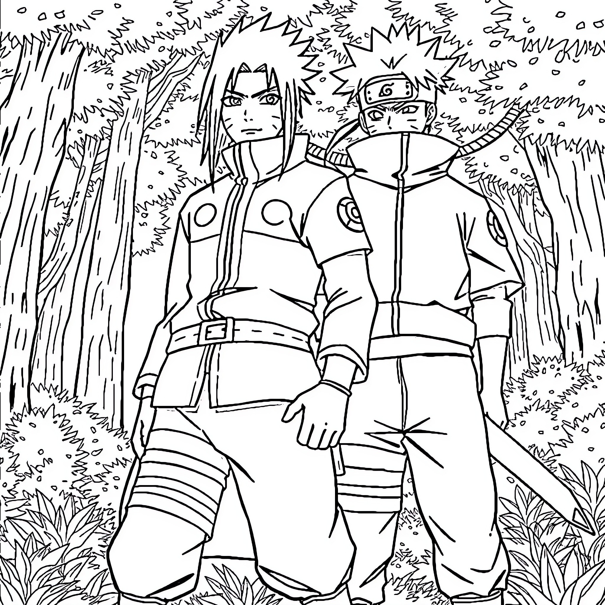Tanjiro and Nezuko in the Wilderness Coloring Page (free black-and-white line drawing printable PDF for all, from beginners to advanced learners, including children, teens, adults, and seniors)