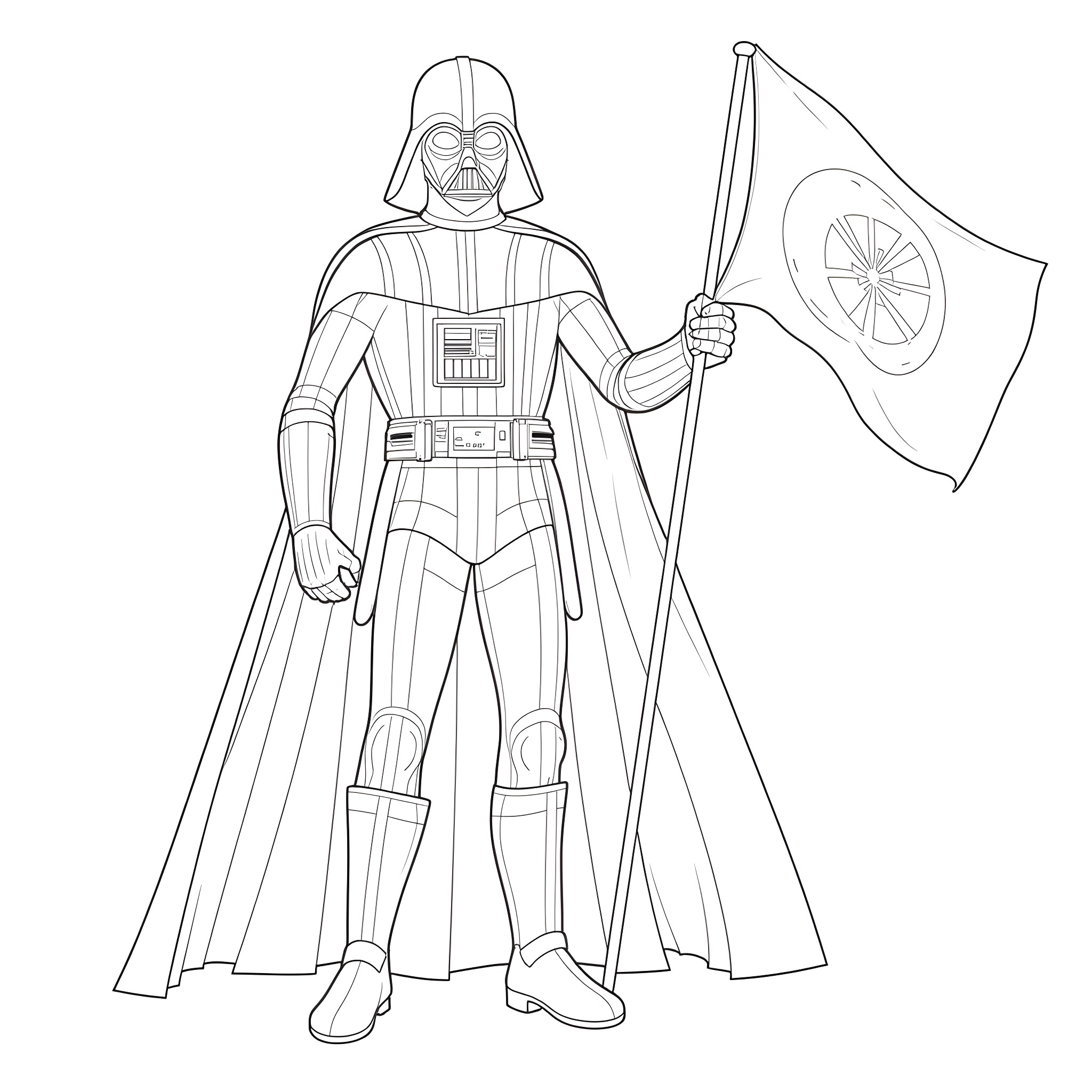 Darth Vader standing with Imperial flag Coloring Page (free black-and-white line drawing printable PDF for all, from beginners to advanced learners, including children, teens, adults, and seniors)