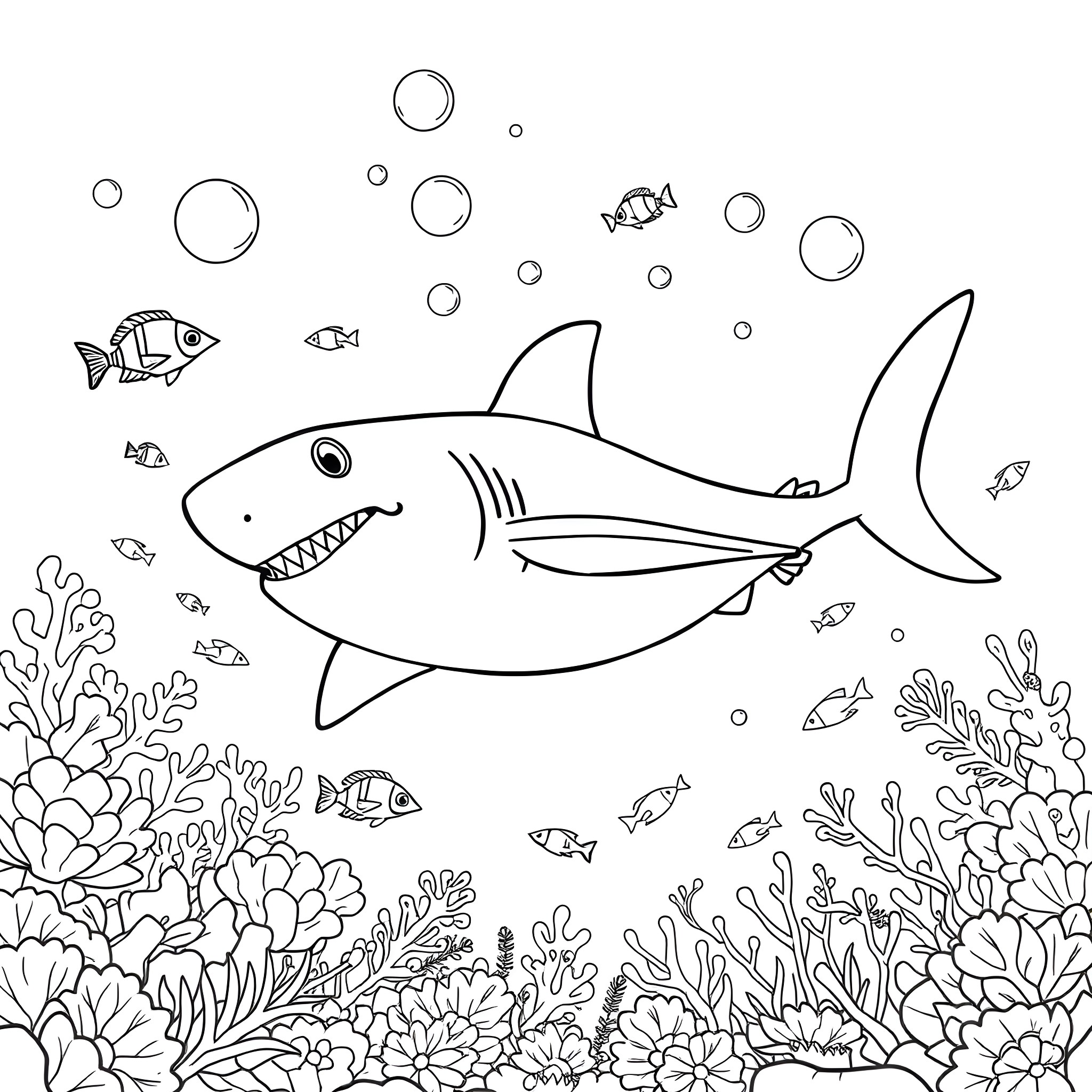 Shark swimming with other marine life in the ocean Coloring Page (free black-and-white line drawing printable PDF for all, from beginners to advanced learners, including children, teens, adults, and seniors)