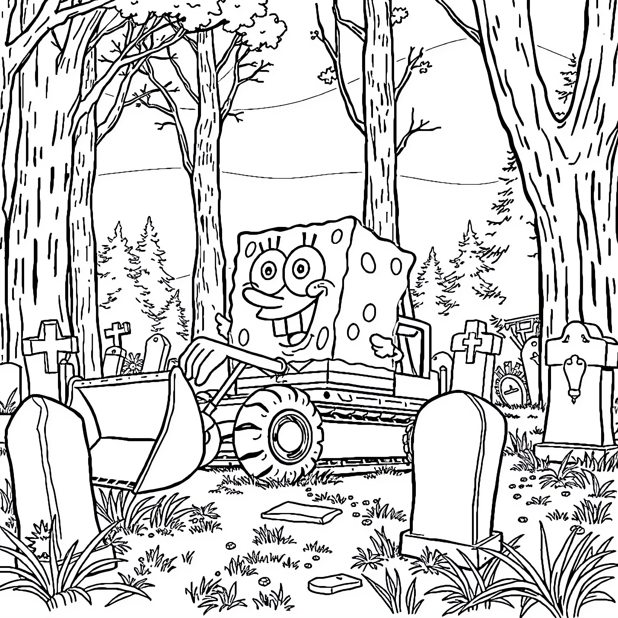 Spongebob's Spooky Graveyard Adventure Coloring Page (free black-and-white line drawing printable PDF for all, from beginners to advanced learners, including children, teens, adults, and seniors)