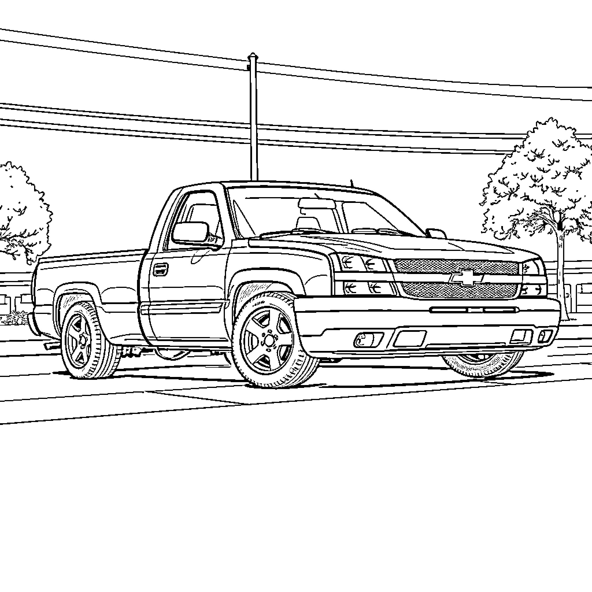 Silverado truck in suburban neighborhood Coloring Page (free black-and-white line drawing printable PDF for all, from beginners to advanced learners, including children, teens, adults, and seniors)