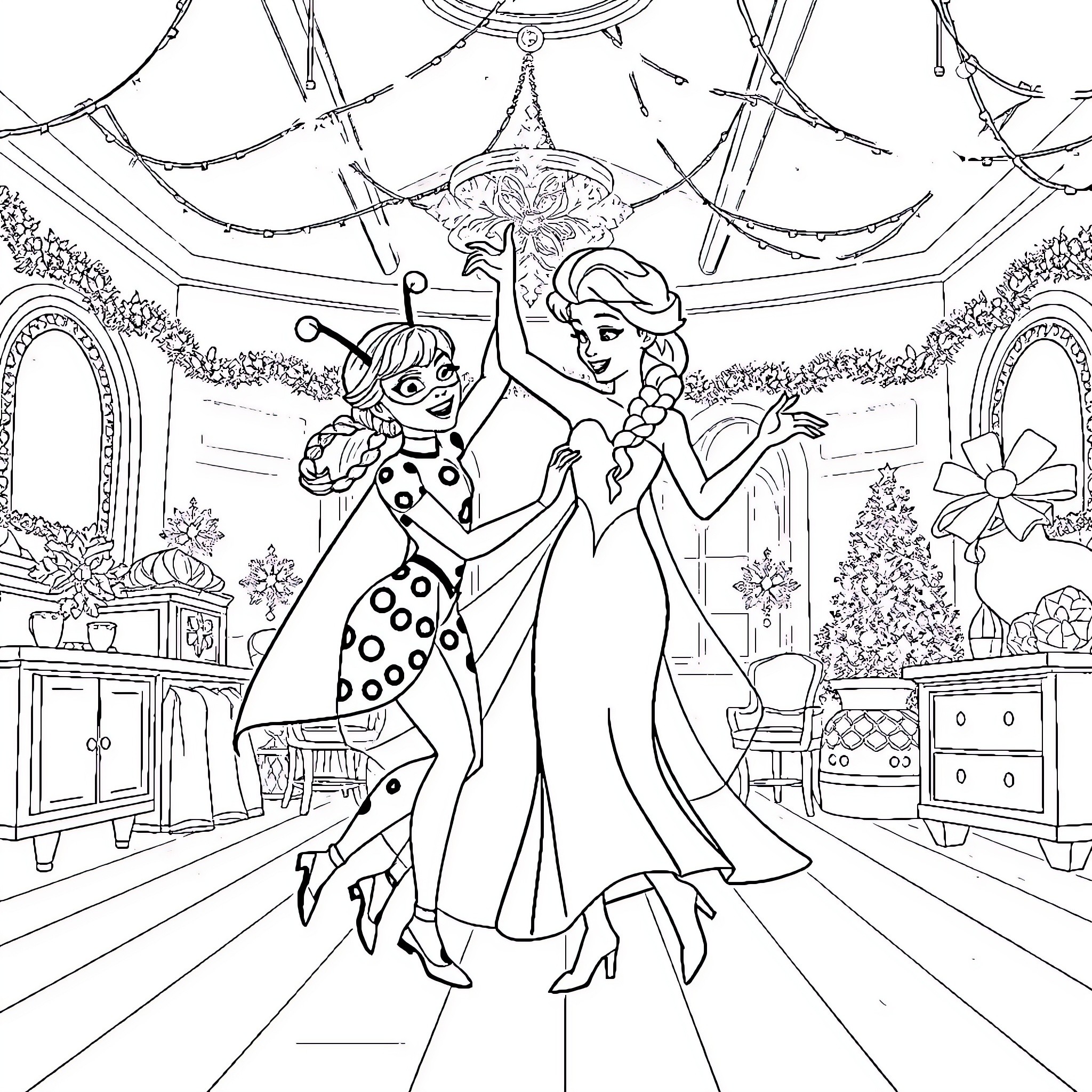 Elsa and Ladybug dancing joyfully in a fancy ballroom Coloring Page (free black-and-white line drawing printable PDF for all, from beginners to advanced learners, including children, teens, adults, and seniors)