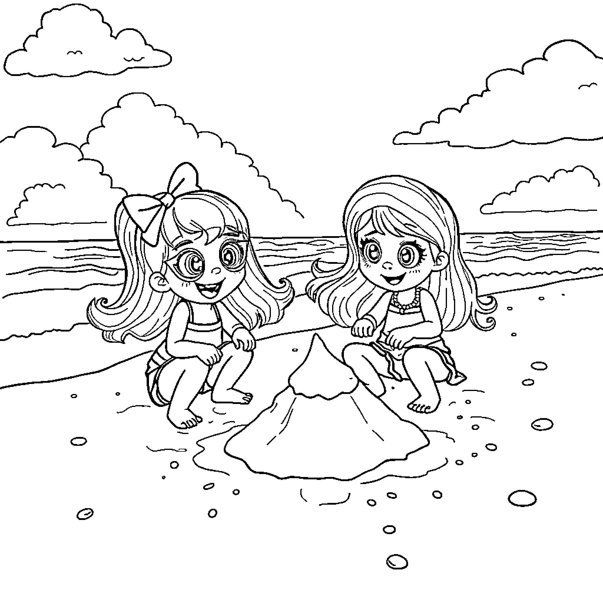 Wenda's Beach Day with Friends Coloring Page (free black-and-white line drawing printable PDF for all, from beginners to advanced learners, including children, teens, adults, and seniors)