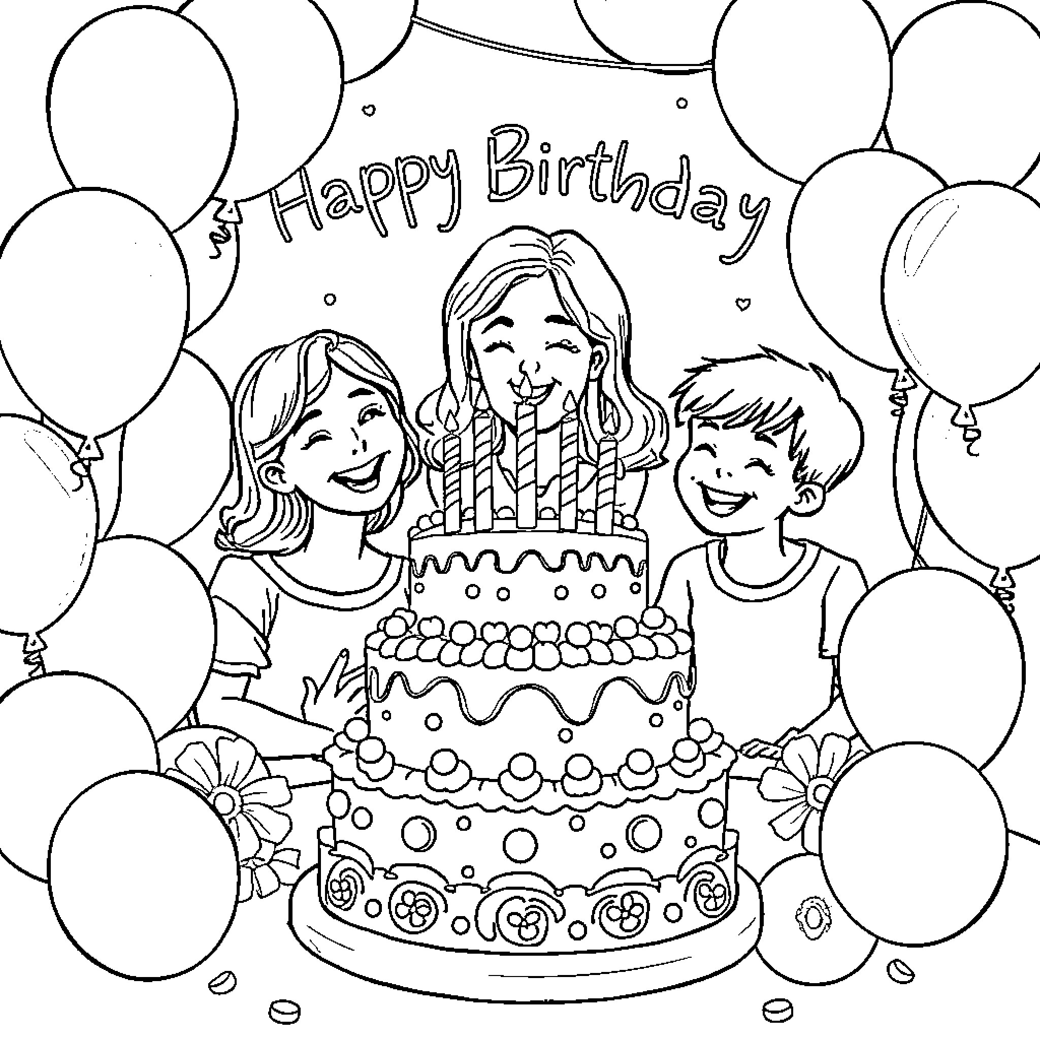 Birthday Celebration with Family and Cake Coloring Page (free black-and-white line drawing printable PDF for all, from beginners to advanced learners, including children, teens, adults, and seniors)