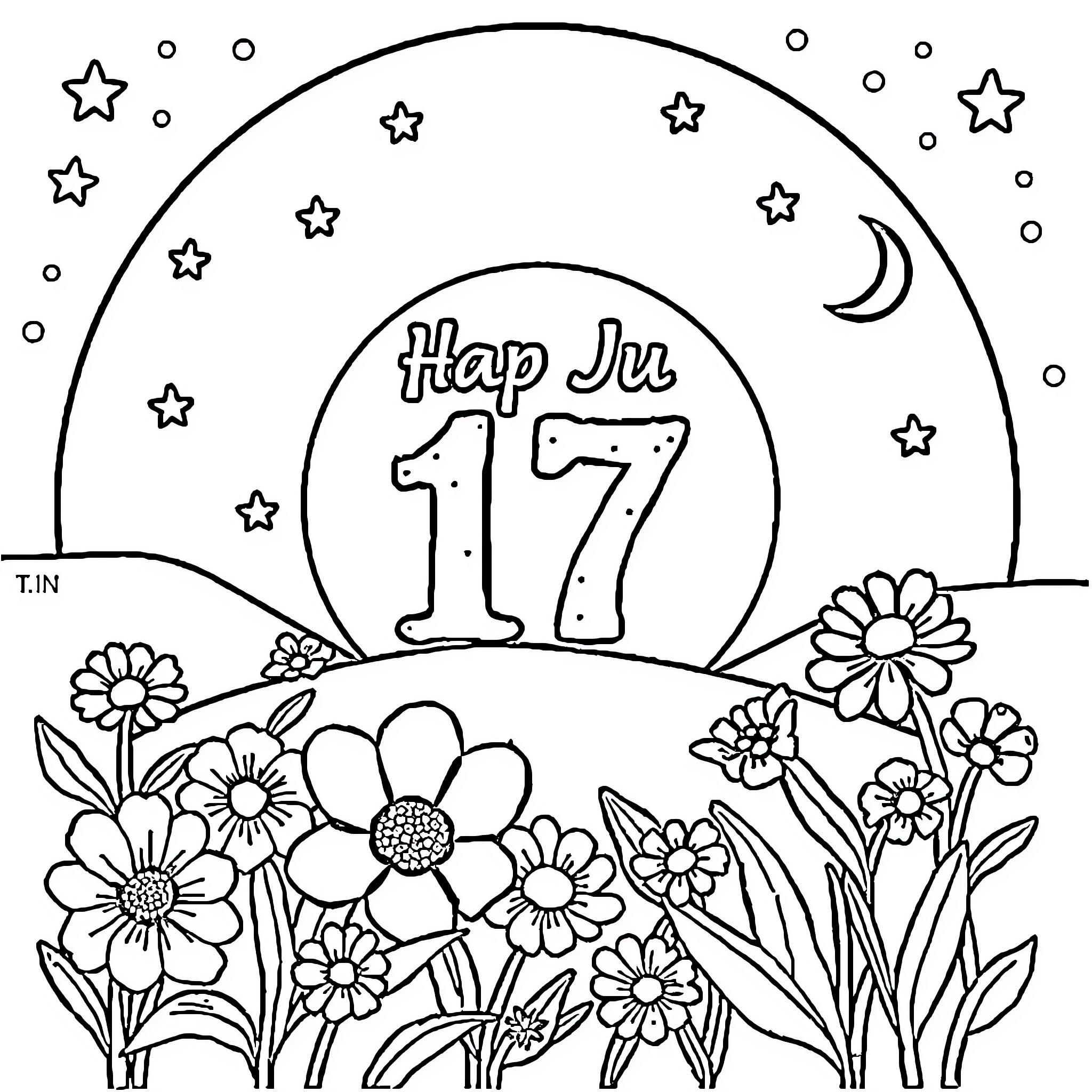 Tamouz: Whimsical floral landscape with starry night sky Coloring Page (free black-and-white line drawing printable PDF for all, from beginners to advanced learners, including children, teens, adults, and seniors)