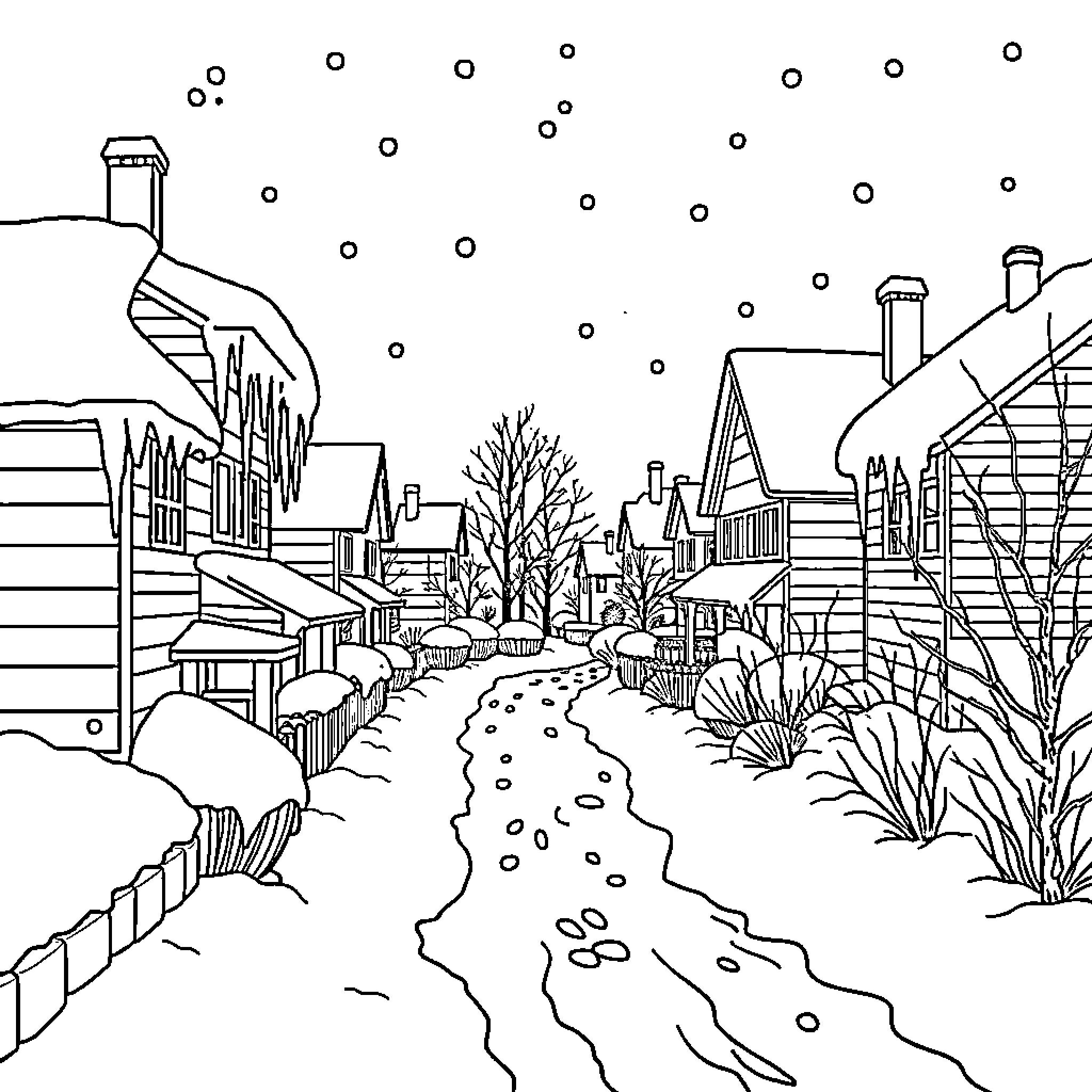Winter village covered in snow Coloring Page (free black-and-white line drawing printable PDF for all, from beginners to advanced learners, including children, teens, adults, and seniors)