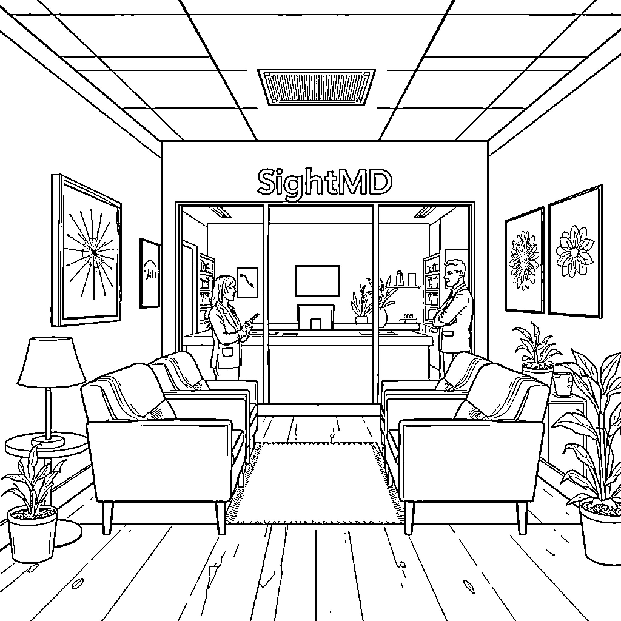Ophthalmology Clinic Interior with Patient Interactions Coloring Page (free black-and-white line drawing printable PDF for all, from beginners to advanced learners, including children, teens, adults, and seniors)