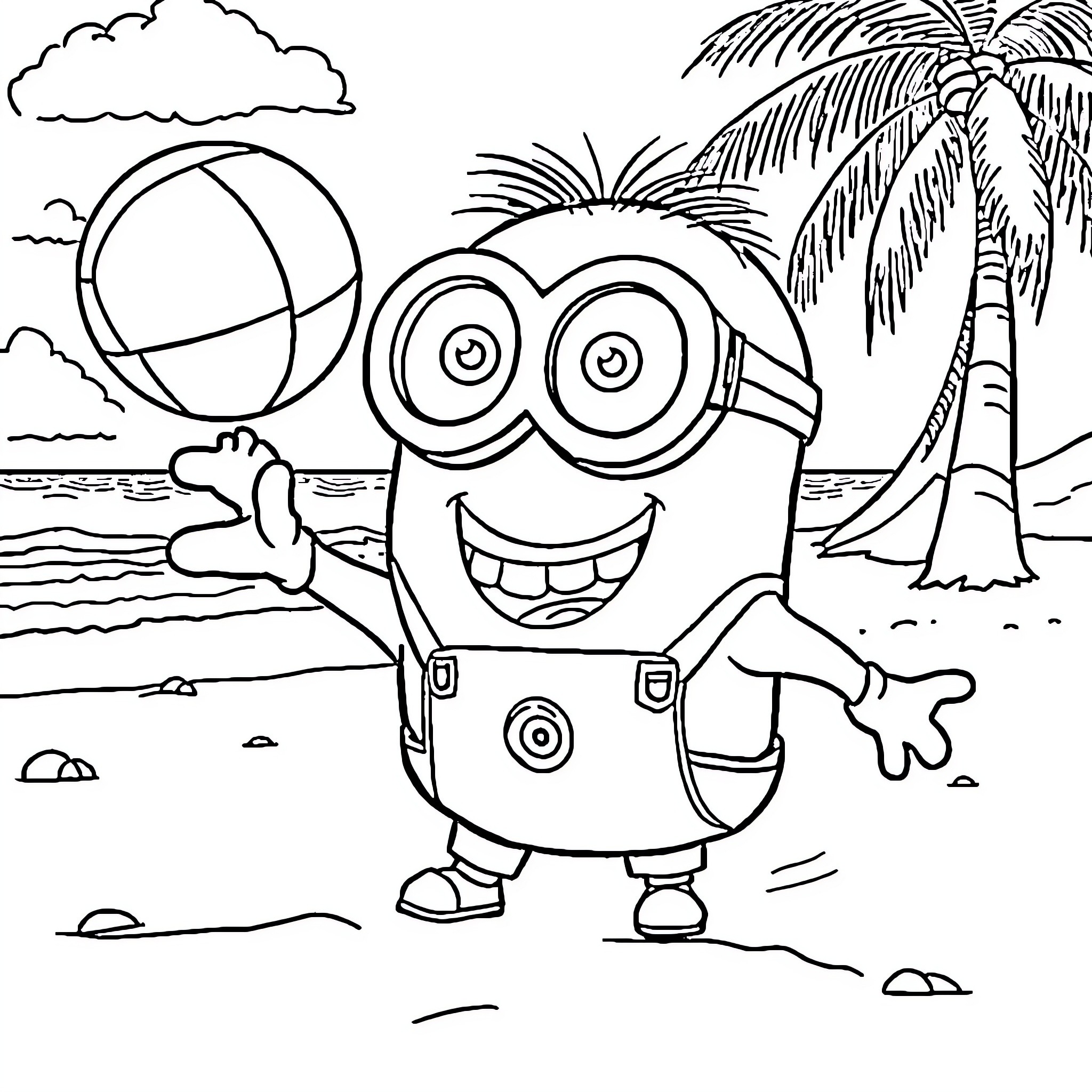 Minion playing happily on the beach Coloring Page (free black-and-white line drawing printable PDF for all, from beginners to advanced learners, including children, teens, adults, and seniors)