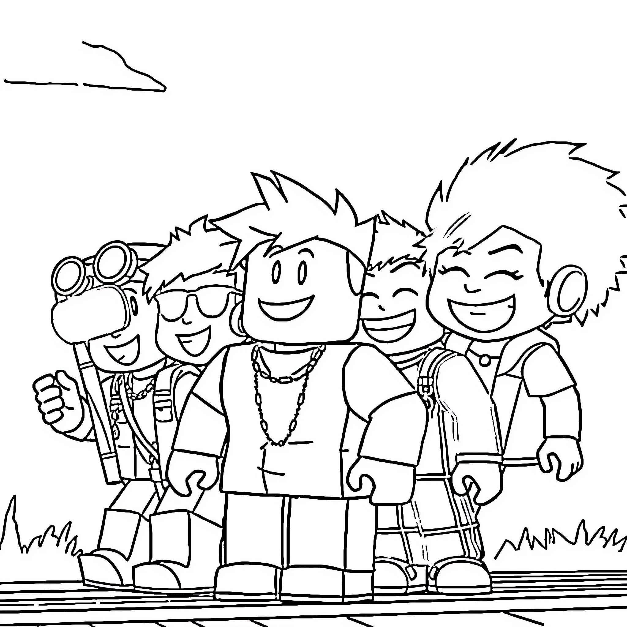 Roblox friends enjoying an adventure together Coloring Page (free black-and-white line drawing printable PDF for all, from beginners to advanced learners, including children, teens, adults, and seniors)