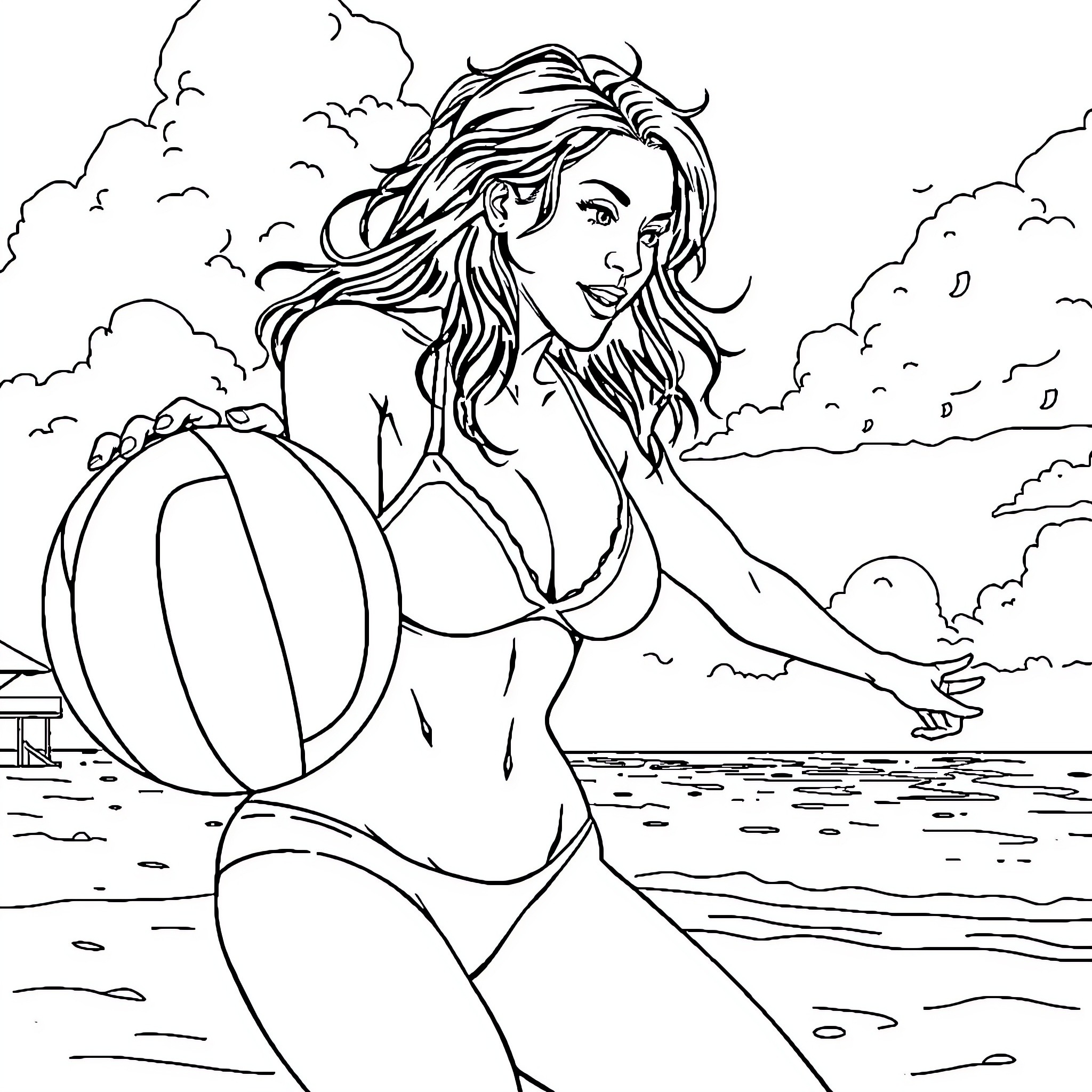 Transexual Mermaid Enjoying the Beach Coloring Page (free black-and-white line drawing printable PDF for all, from beginners to advanced learners, including children, teens, adults, and seniors)