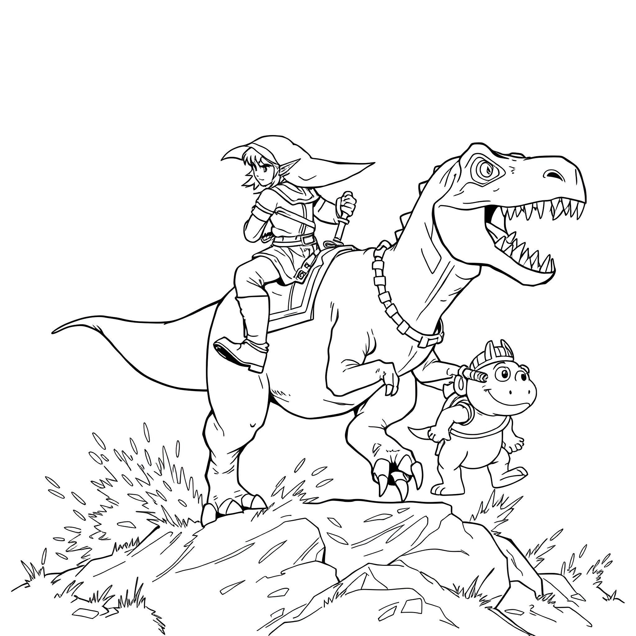 Link riding a T-Rex with a companion in a rocky landscape Coloring Page (free black-and-white line drawing printable PDF for all, from beginners to advanced learners, including children, teens, adults, and seniors)