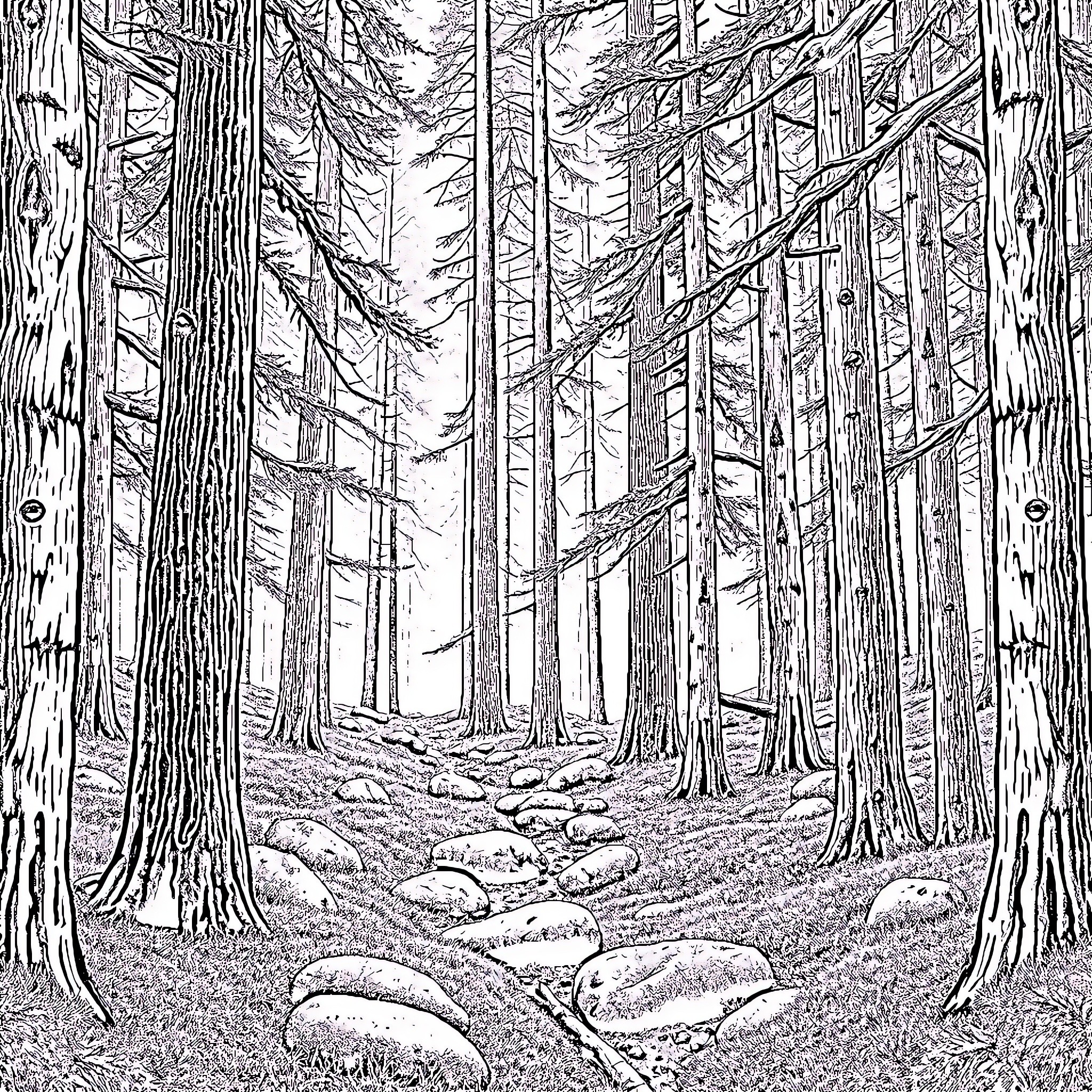 Forest Path through Tall Trees Coloring Page (free black-and-white line drawing printable PDF for all, from beginners to advanced learners, including children, teens, adults, and seniors)
