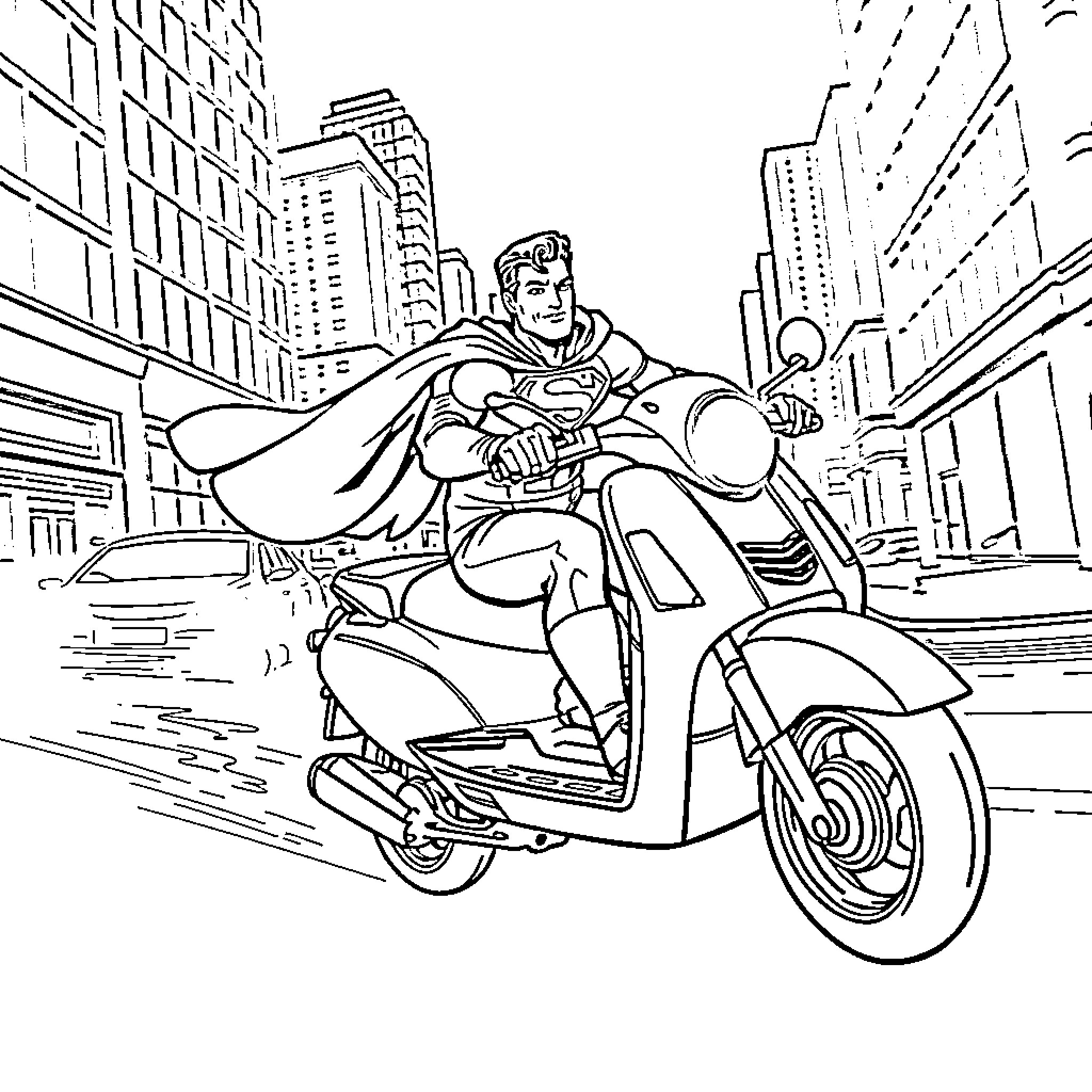 Superman speeding through the city on a motorcycle Coloring Page (free black-and-white line drawing printable PDF for all, from beginners to advanced learners, including children, teens, adults, and seniors)