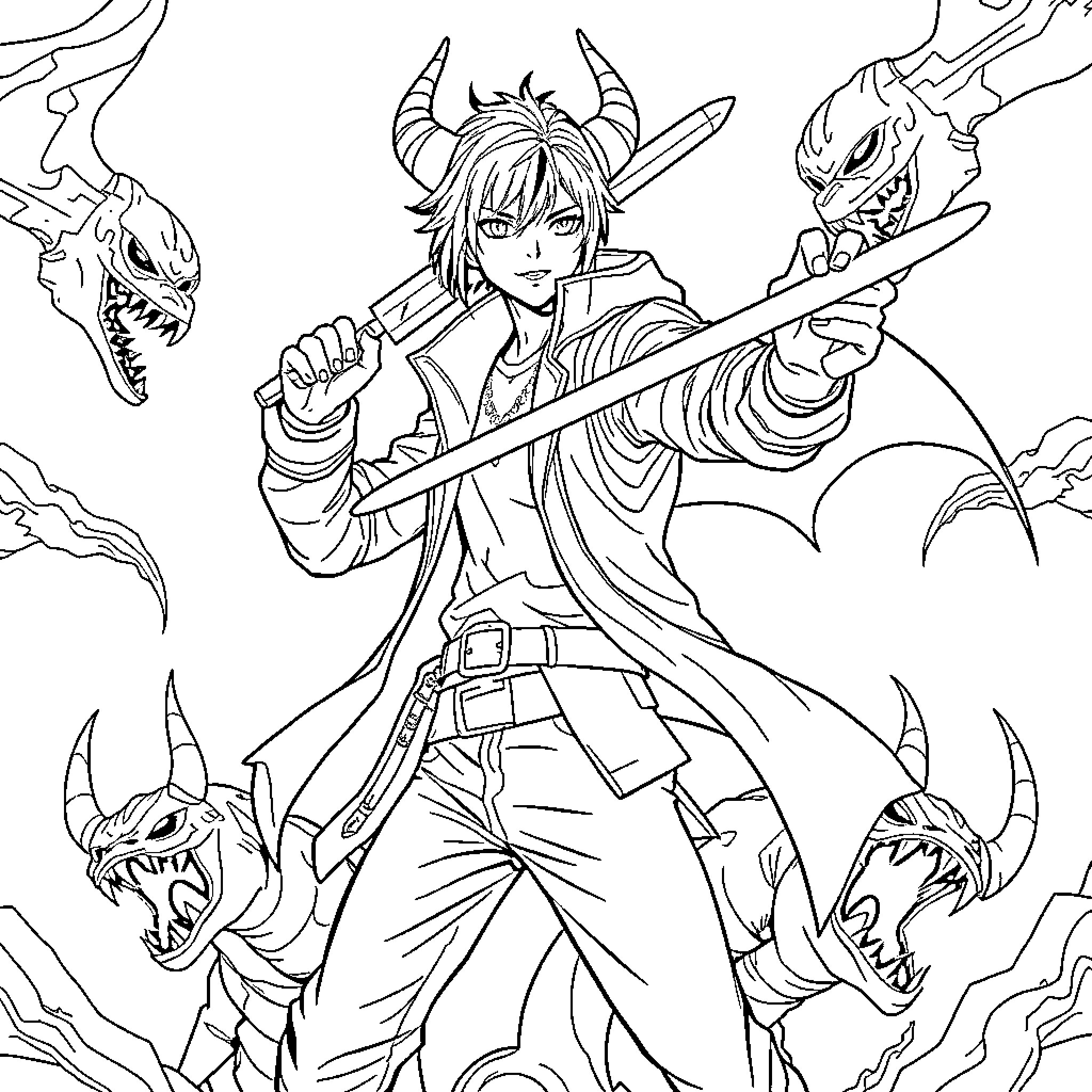 K-POP Demon Hunter Battles Fierce Creatures with Courage Coloring Page (free black-and-white line drawing printable PDF for all, from beginners to advanced learners, including children, teens, adults, and seniors)