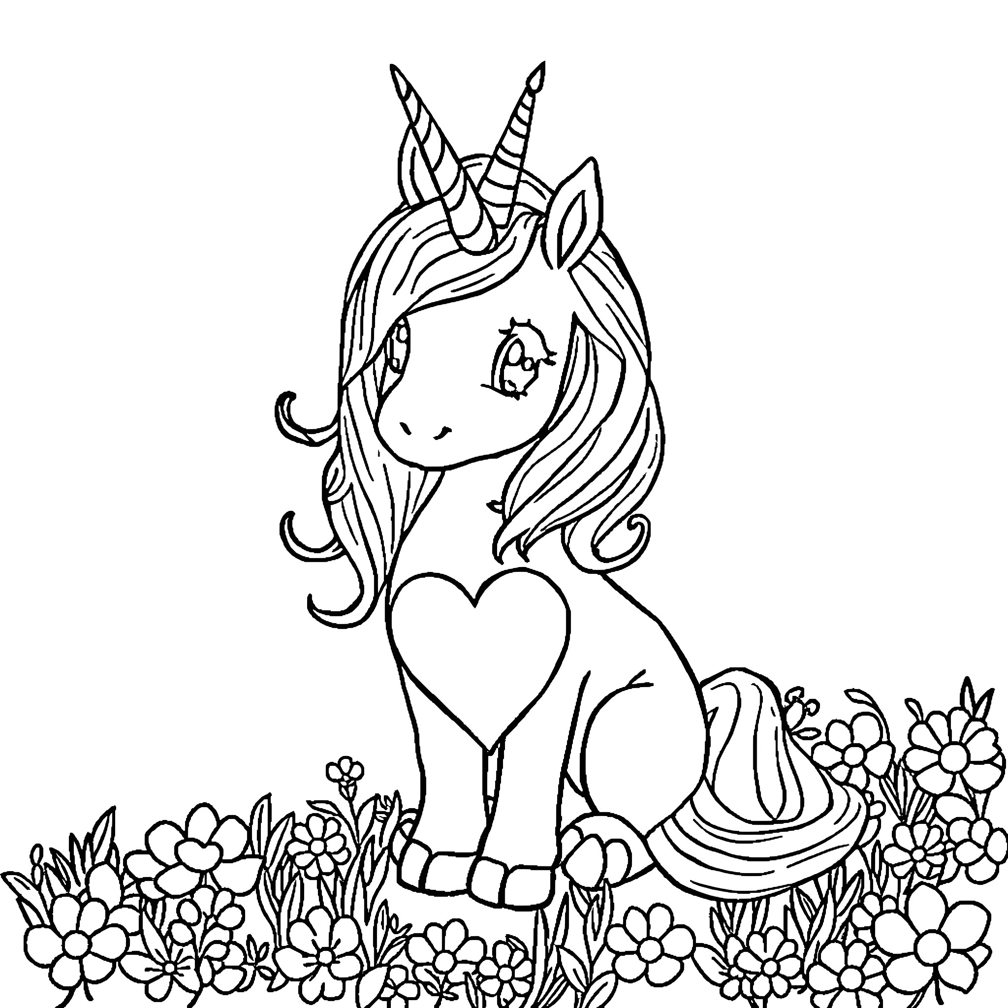 Licorne playing amidst whimsical flowers Coloring Page (free black-and-white line drawing printable PDF for all, from beginners to advanced learners, including children, teens, adults, and seniors)