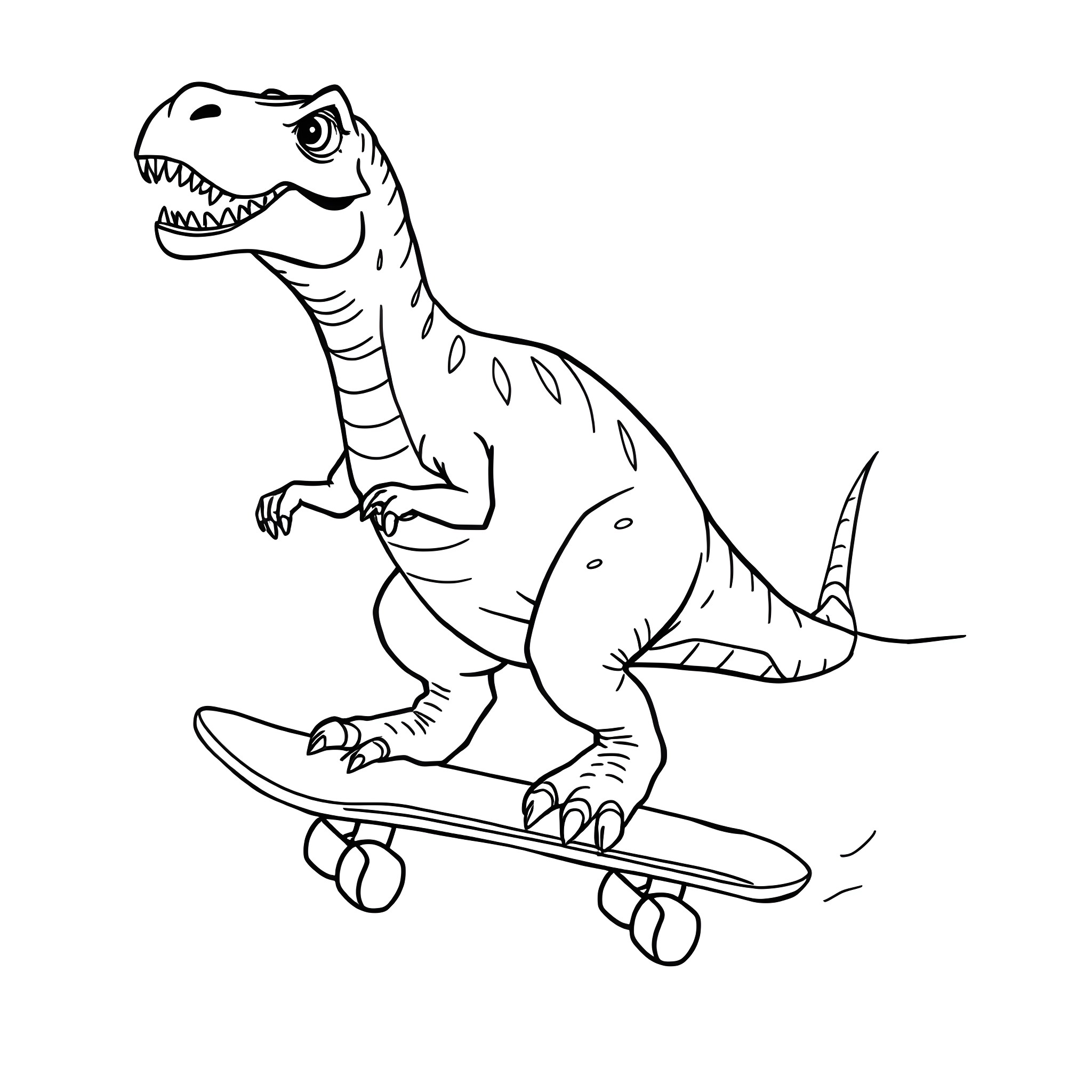 Dinosaur riding a skateboard Coloring Page (free black-and-white line drawing printable PDF for all, from beginners to advanced learners, including children, teens, adults, and seniors)