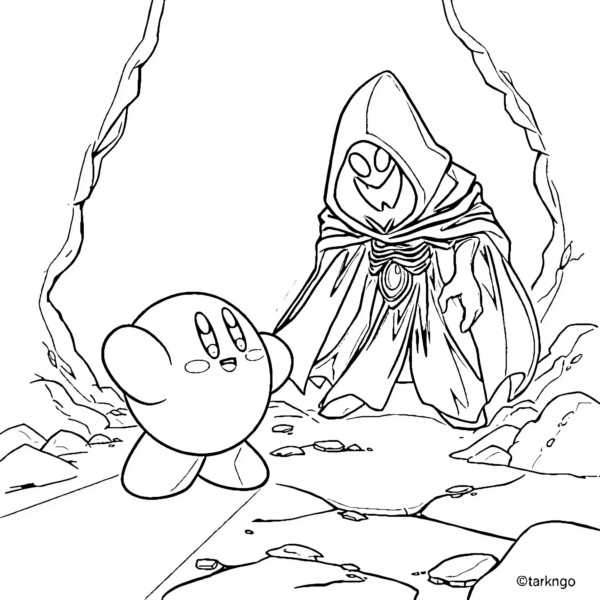 Kirby and Grim Reaper-like figure in a spooky environment Coloring Page (free black-and-white line drawing printable PDF for all, from beginners to advanced learners, including children, teens, adults, and seniors)