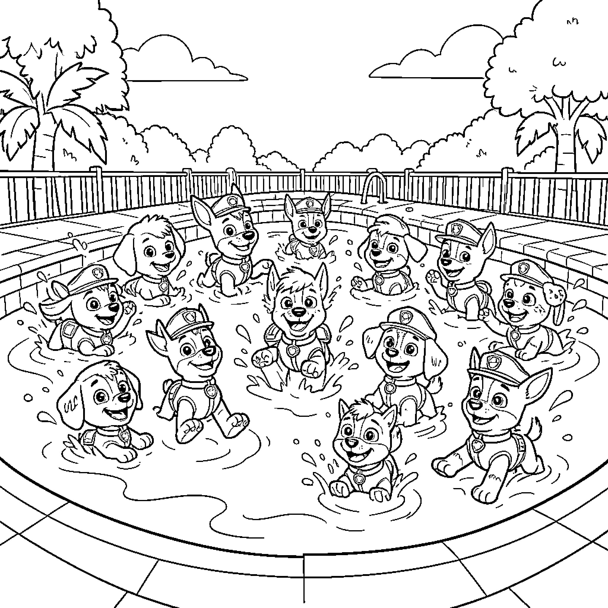 Paw Patrol pups splashing and playing in a pool Coloring Page (free black-and-white line drawing printable PDF for all, from beginners to advanced learners, including children, teens, adults, and seniors)