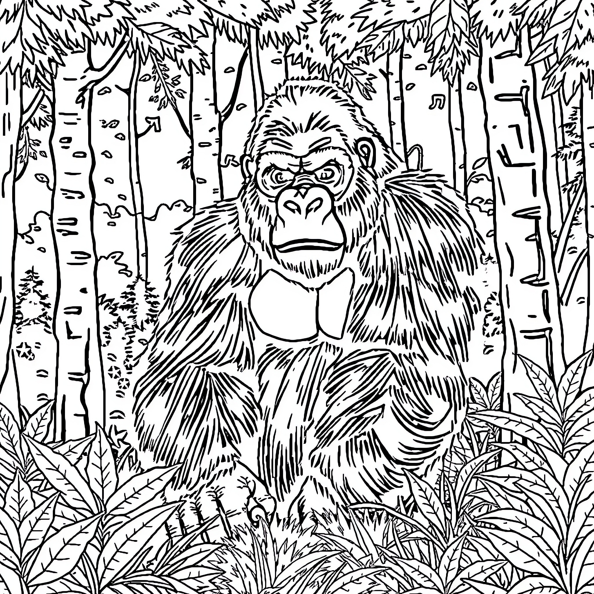 Gorilla in Lush Jungle Foliage Coloring Page (free black-and-white line drawing printable PDF for all, from beginners to advanced learners, including children, teens, adults, and seniors)