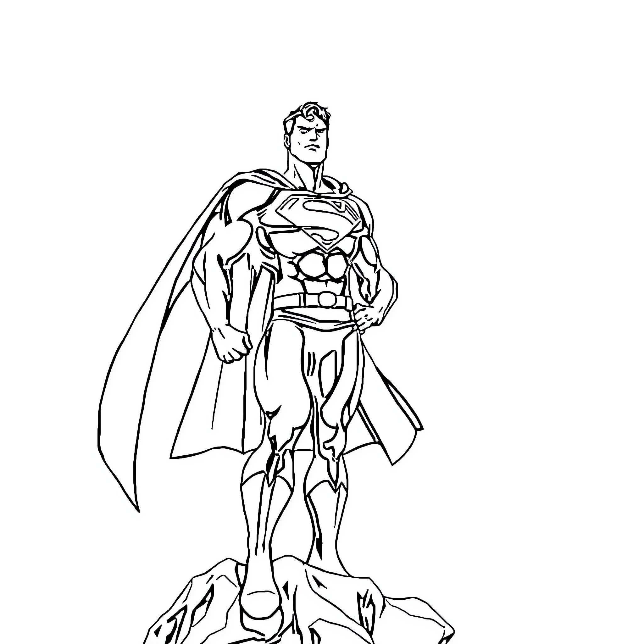 Superman standing heroically on rocky terrain Coloring Page (free black-and-white line drawing printable PDF for all, from beginners to advanced learners, including children, teens, adults, and seniors)