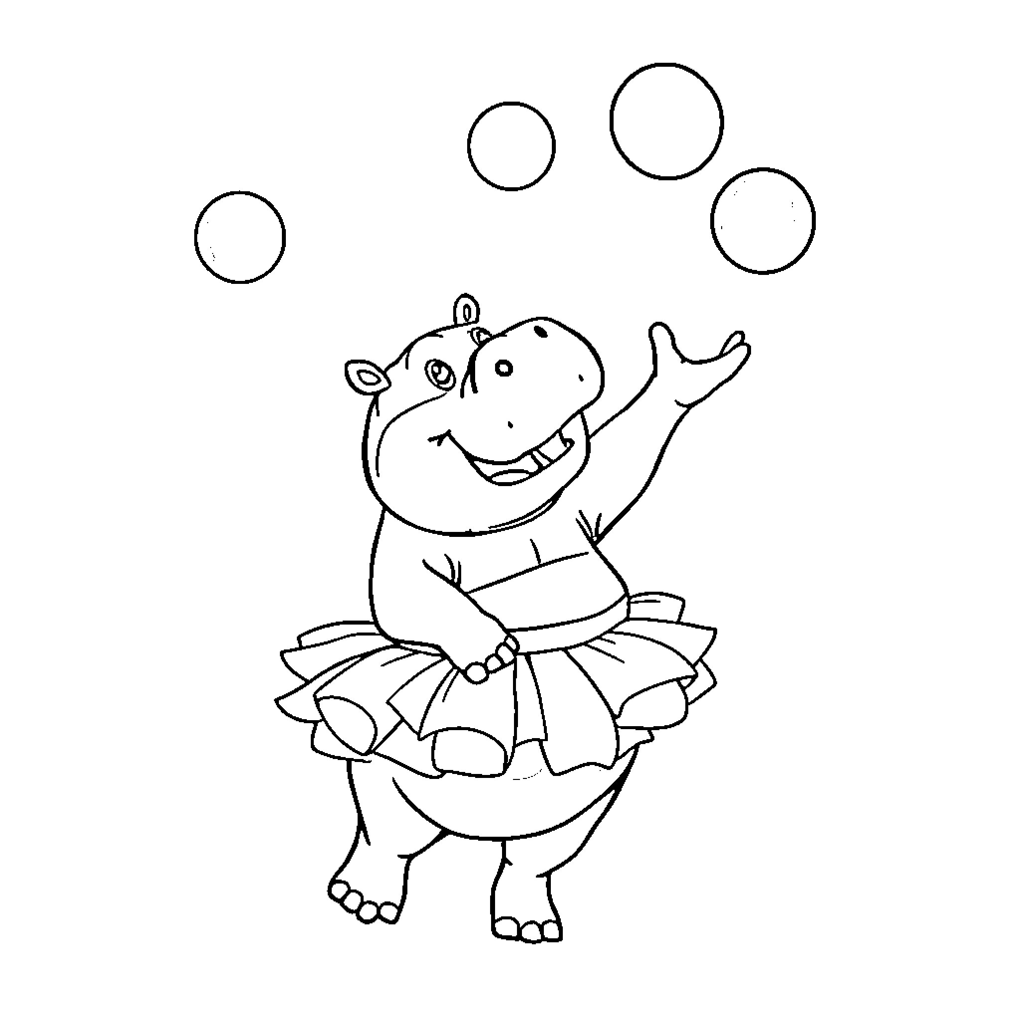 Hippo juggling joyfully in a tutu Coloring Page (free black-and-white line drawing printable PDF for all, from beginners to advanced learners, including children, teens, adults, and seniors)
