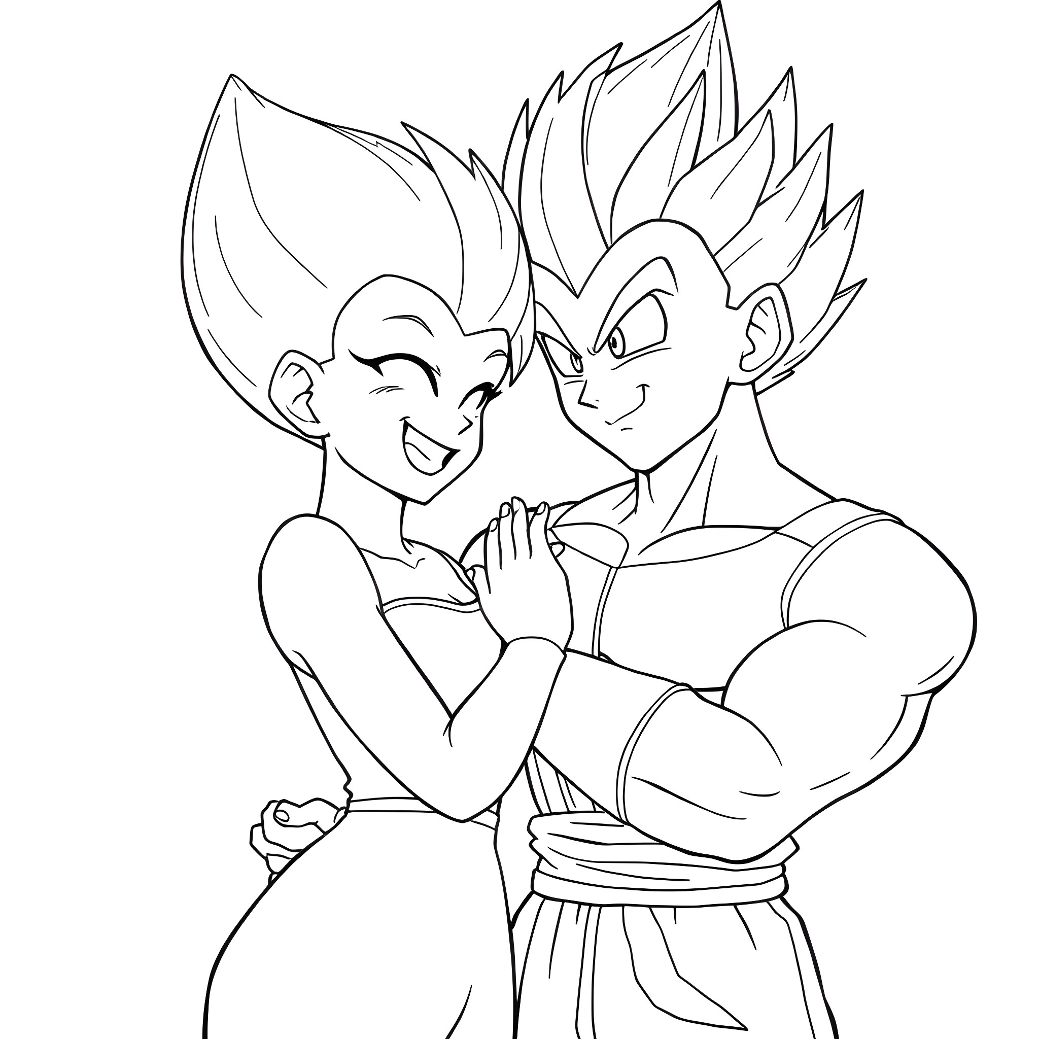 Bulma and Vegeta sharing a tender moment Coloring Page (free black-and-white line drawing printable PDF for all, from beginners to advanced learners, including children, teens, adults, and seniors)
