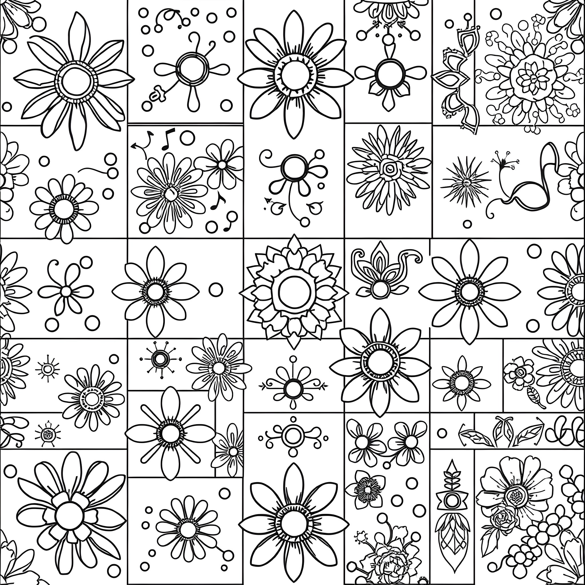 Patchwork of Intricate Floral Designs Coloring Page (free black-and-white line drawing printable PDF for all, from beginners to advanced learners, including children, teens, adults, and seniors)