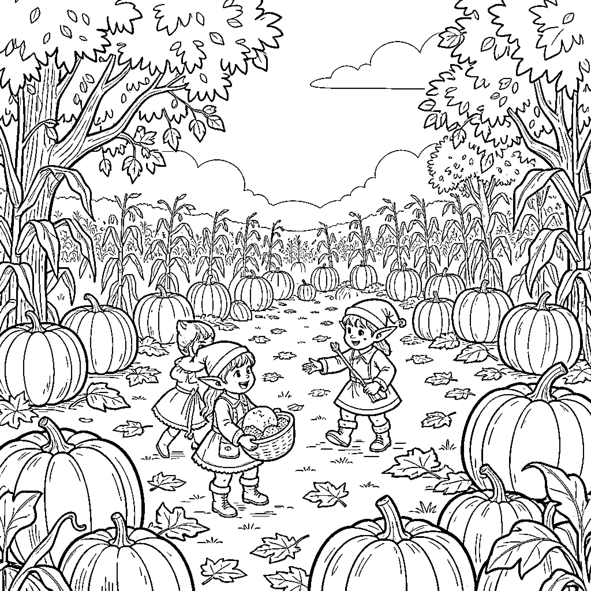 Lutin playing joyfully among many pumpkins in a field Coloring Page (free black-and-white line drawing printable PDF for all, from beginners to advanced learners, including children, teens, adults, and seniors)