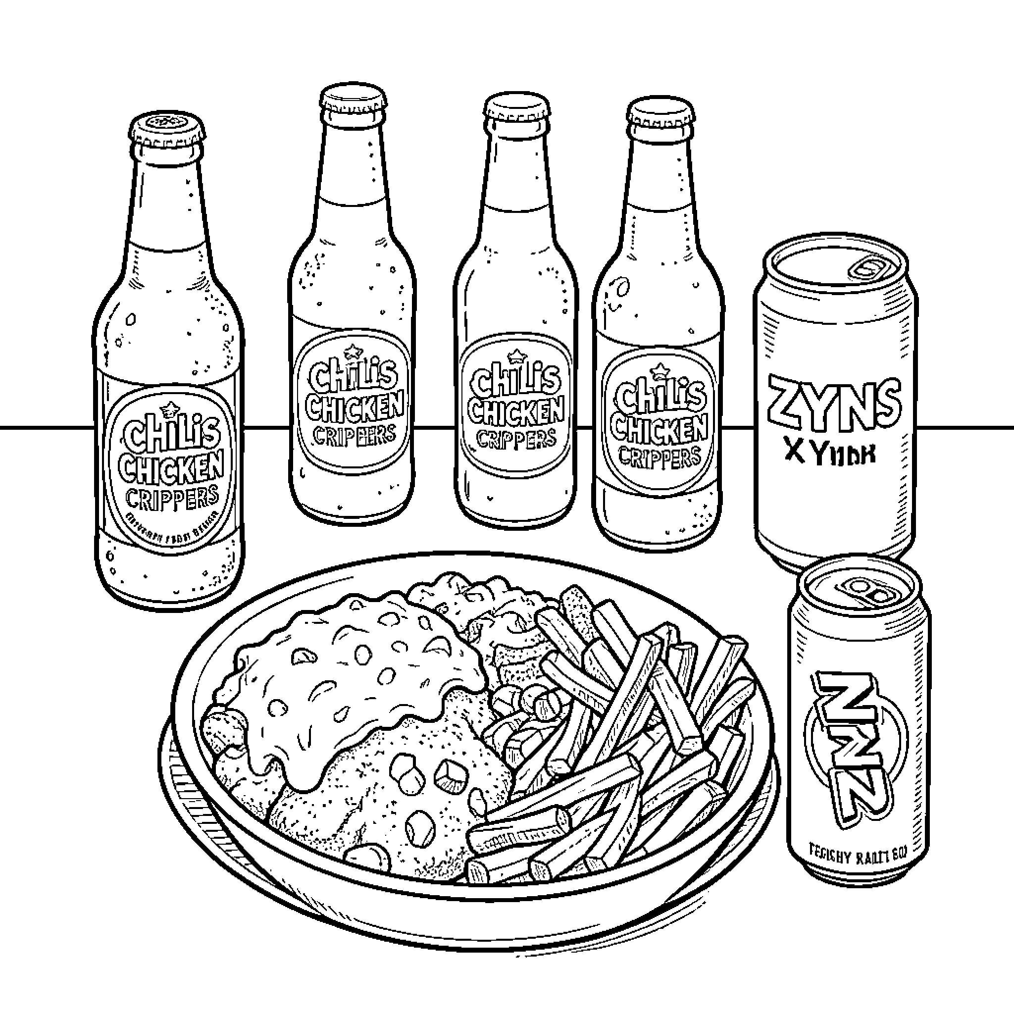 Food served with beverages and cans on a table Coloring Page (free black-and-white line drawing printable PDF for all, from beginners to advanced learners, including children, teens, adults, and seniors)