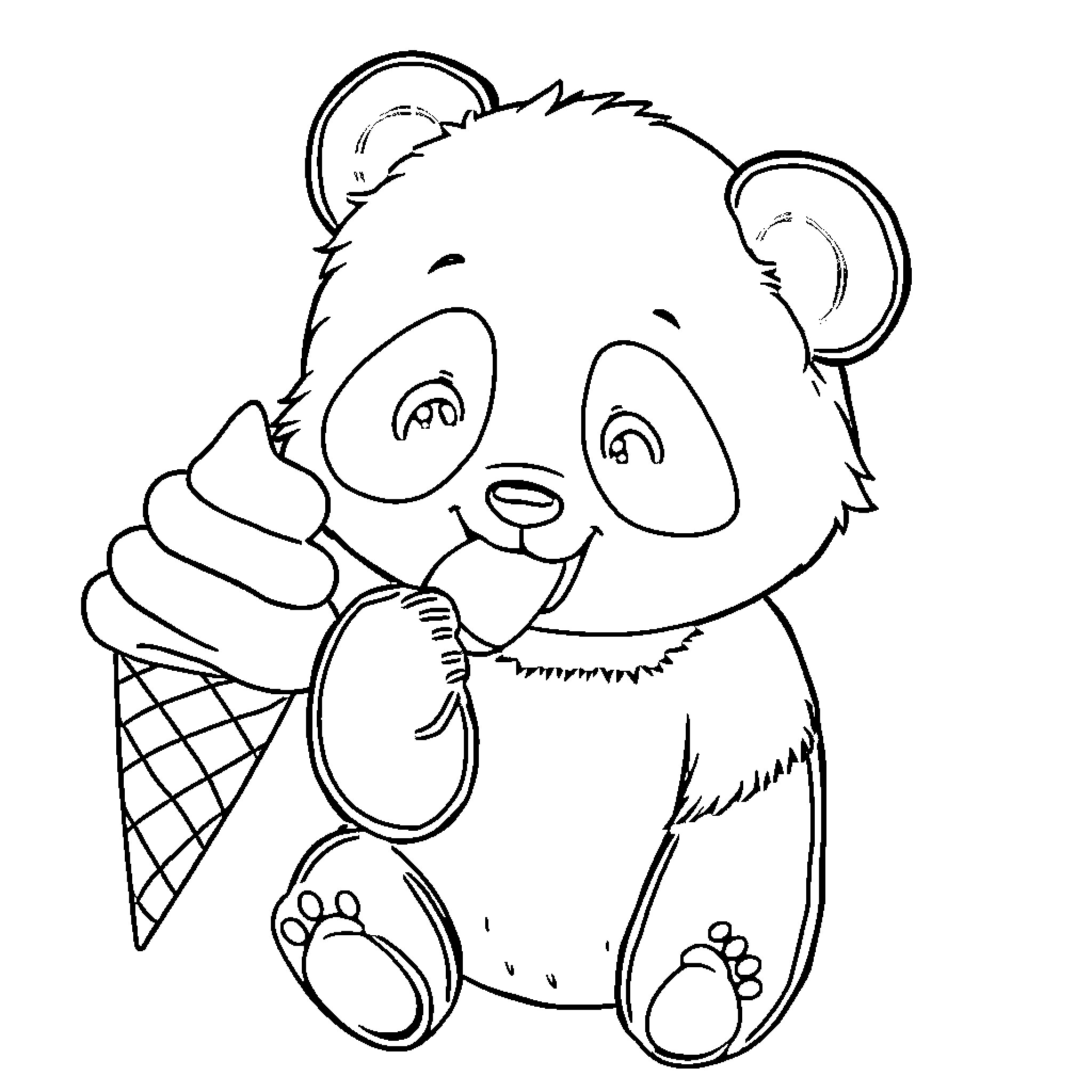 Panda enjoying an ice cream treat Coloring Page (free black-and-white line drawing printable PDF for all, from beginners to advanced learners, including children, teens, adults, and seniors)