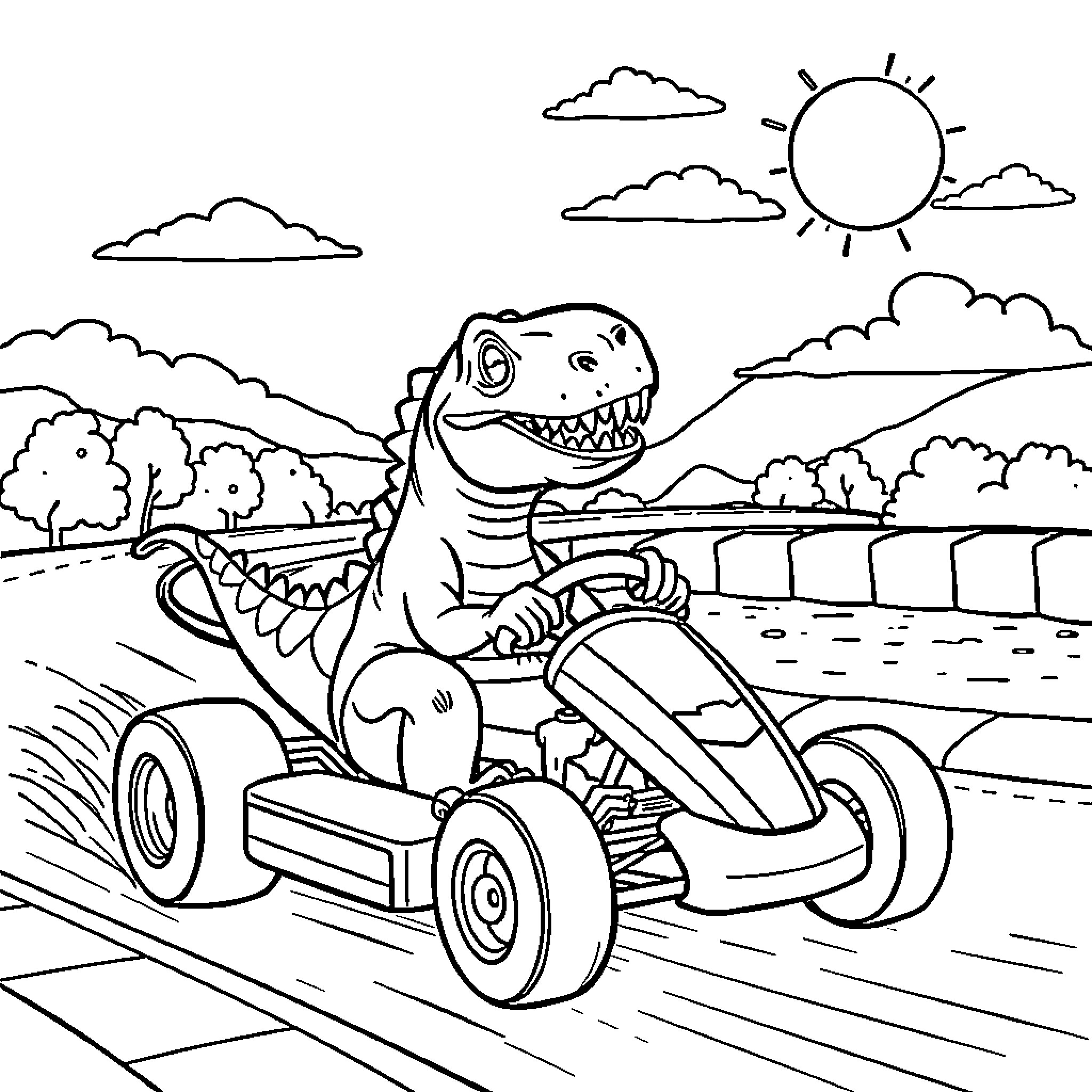 Dinosaur driving a go-kart in a scenic landscape Coloring Page (free black-and-white line drawing printable PDF for all, from beginners to advanced learners, including children, teens, adults, and seniors)