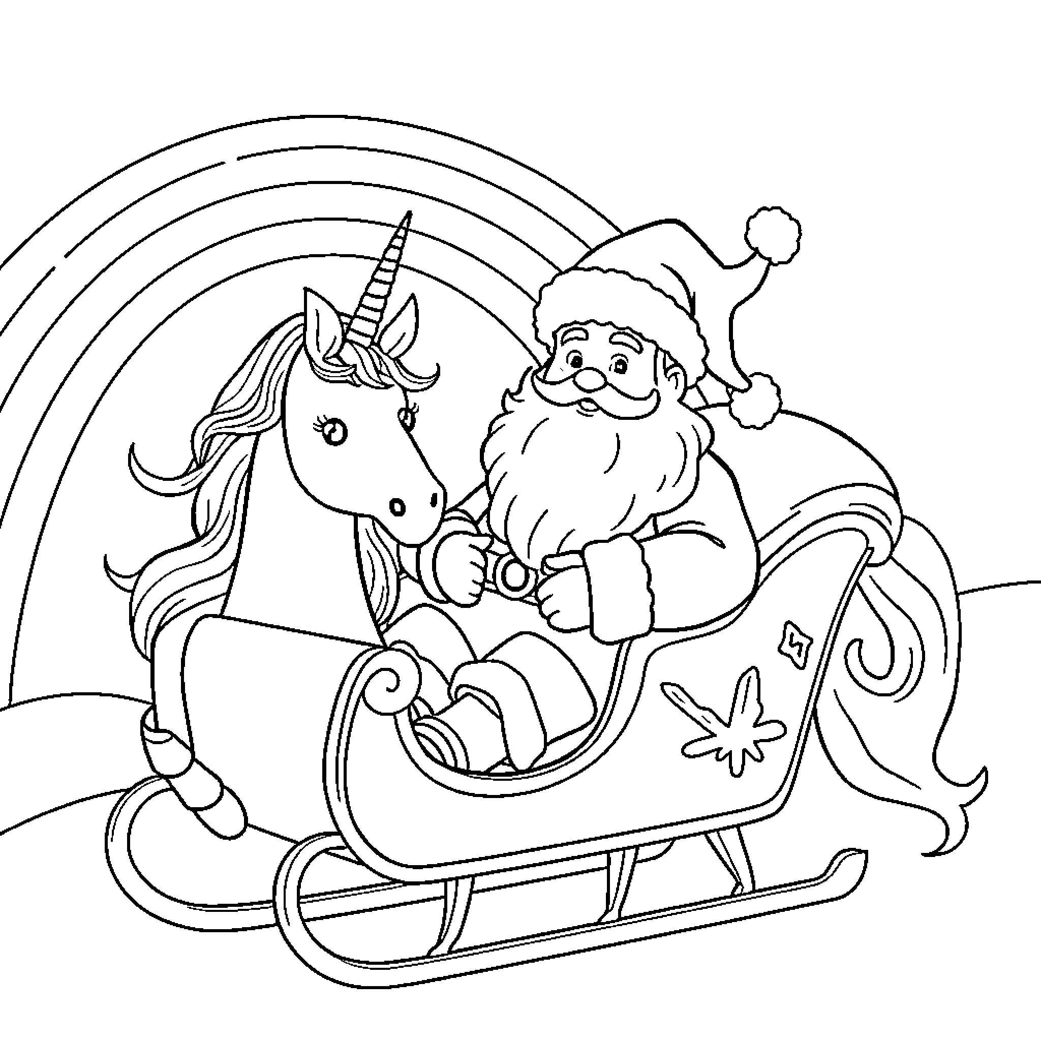 Santa riding a unicorn sleigh with a rainbow backdrop Coloring Page (free black-and-white line drawing printable PDF for all, from beginners to advanced learners, including children, teens, adults, and seniors)