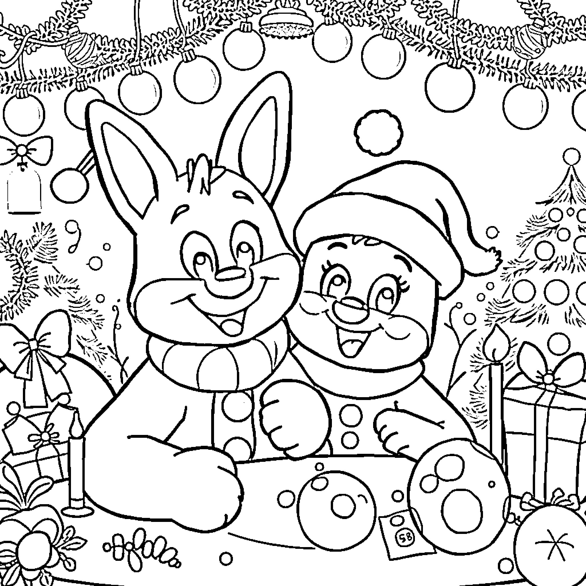 Bluey and Friends Celebrate the Holidays Coloring Page (free black-and-white line drawing printable PDF for all, from beginners to advanced learners, including children, teens, adults, and seniors)