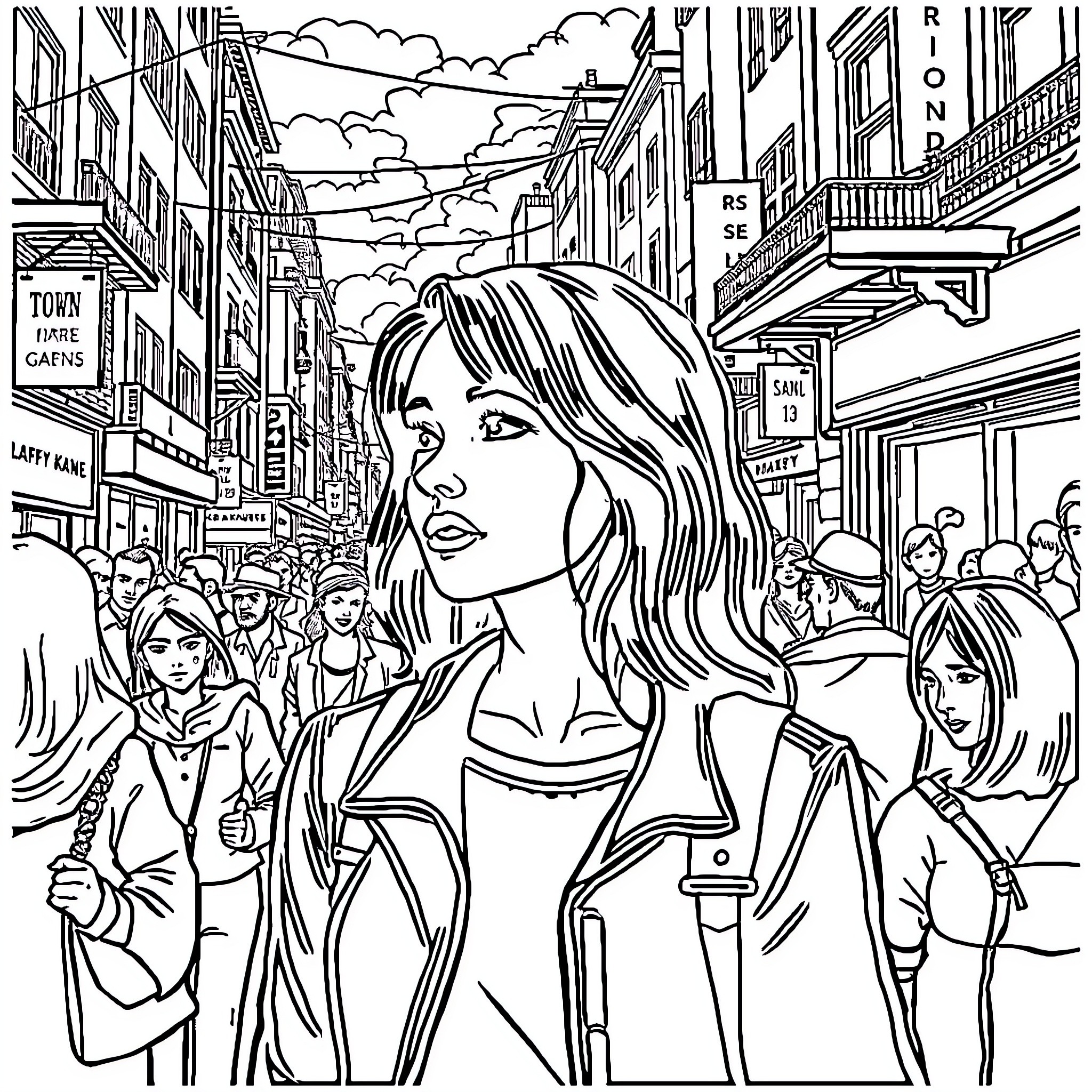 Woman navigating bustling city street with crowd Coloring Page (free black-and-white line drawing printable PDF for all, from beginners to advanced learners, including children, teens, adults, and seniors)