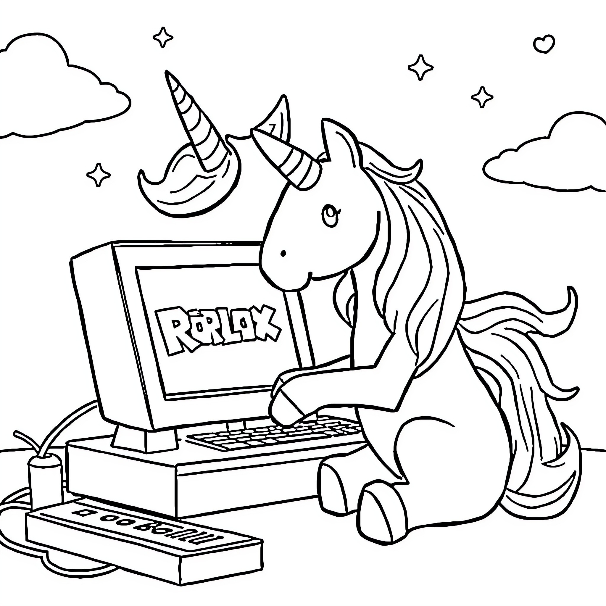Unicorn Relaxing with Technology in the Sky Coloring Page (free black-and-white line drawing printable PDF for all, from beginners to advanced learners, including children, teens, adults, and seniors)
