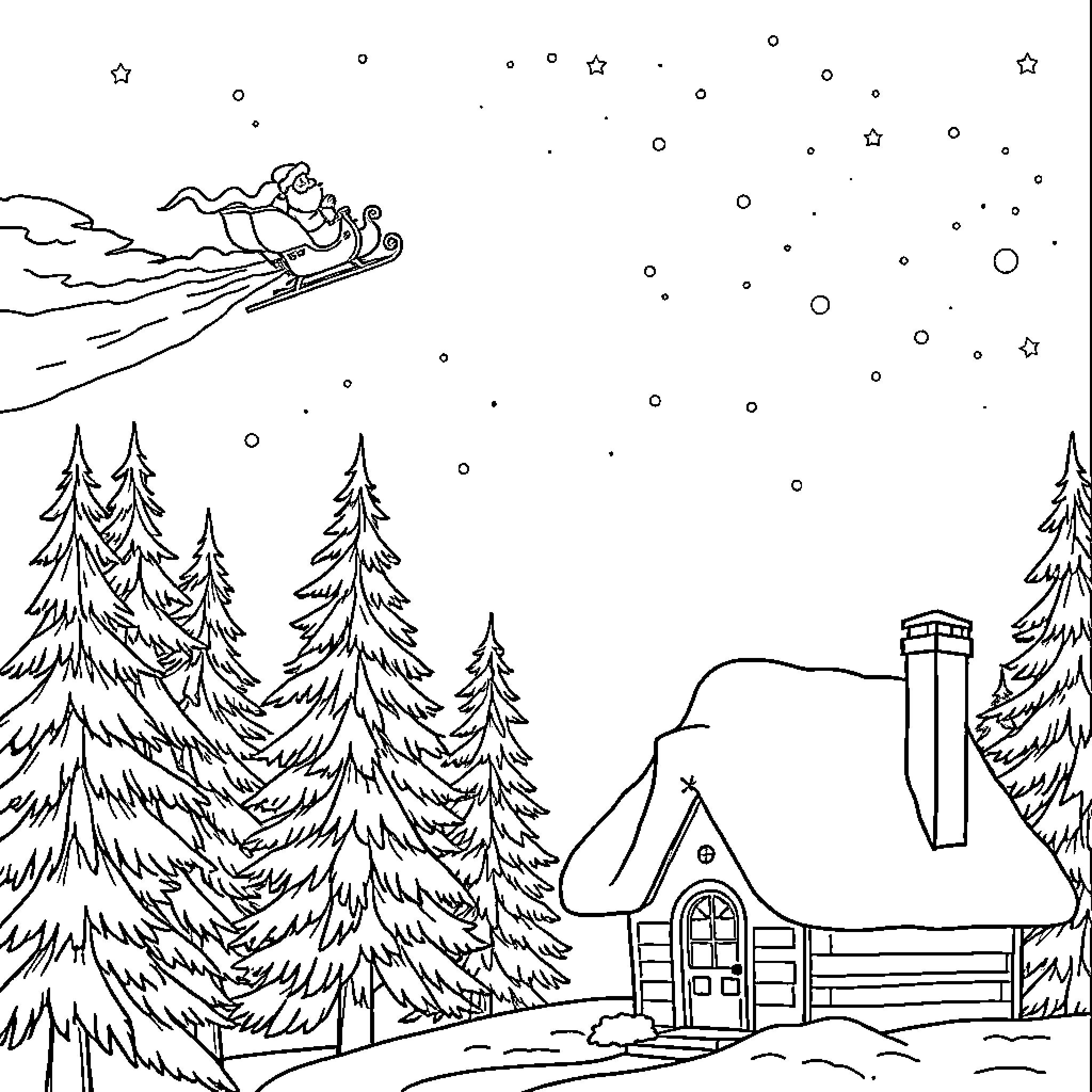 Santa Sleigh Racing Through Snowy Winter Wonderland Coloring Page (free black-and-white line drawing printable PDF for all, from beginners to advanced learners, including children, teens, adults, and seniors)