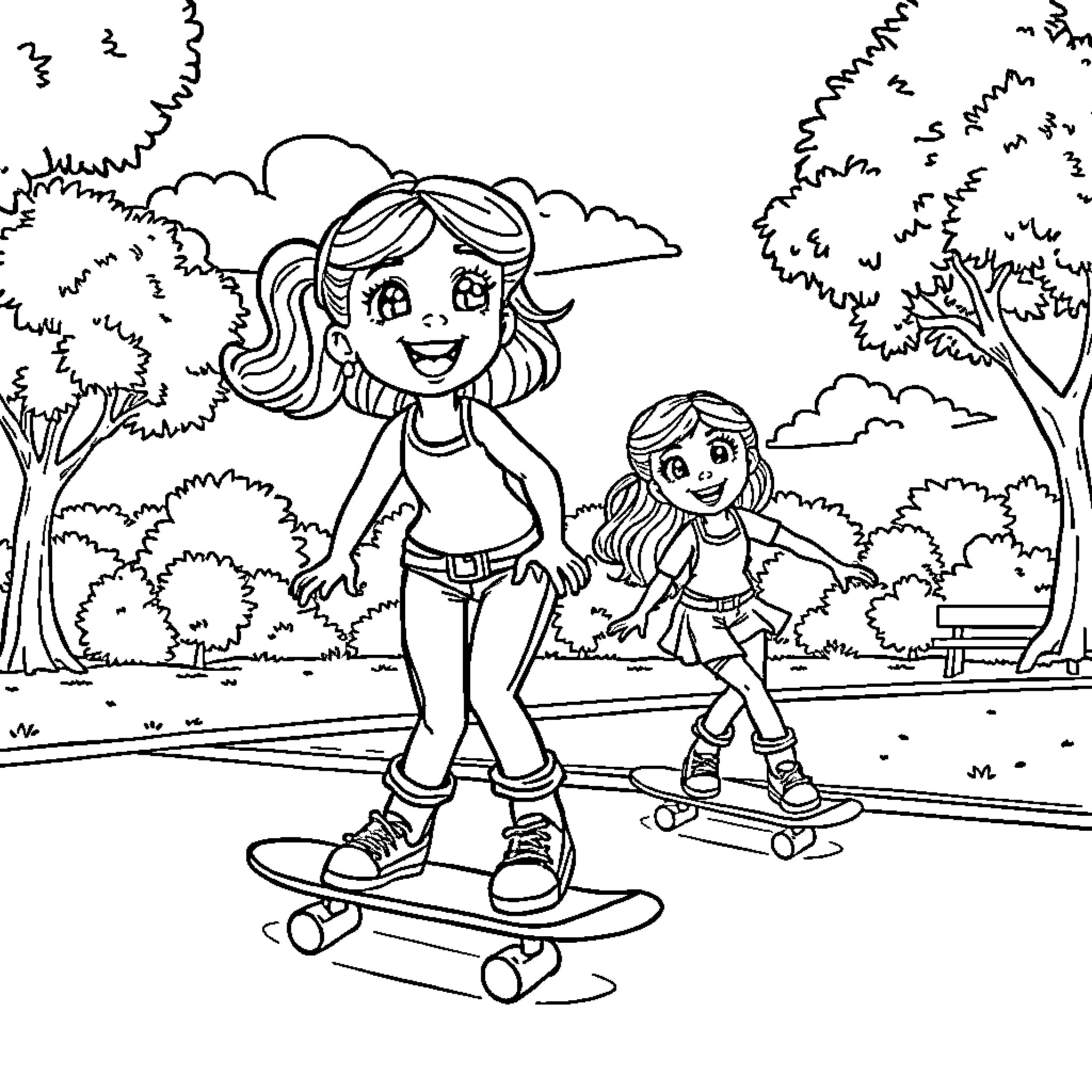Gabby and friend having fun skateboarding in the park Coloring Page (free black-and-white line drawing printable PDF for all, from beginners to advanced learners, including children, teens, adults, and seniors)
