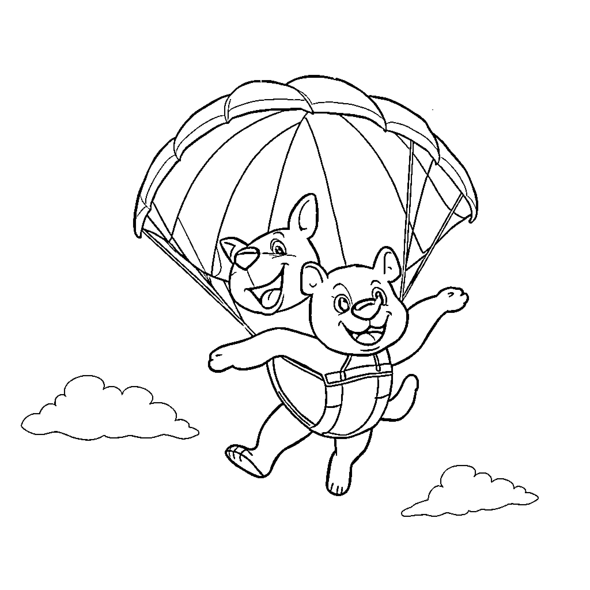 Bluey's parachute adventure with friends Coloring Page (free black-and-white line drawing printable PDF for all, from beginners to advanced learners, including children, teens, adults, and seniors)