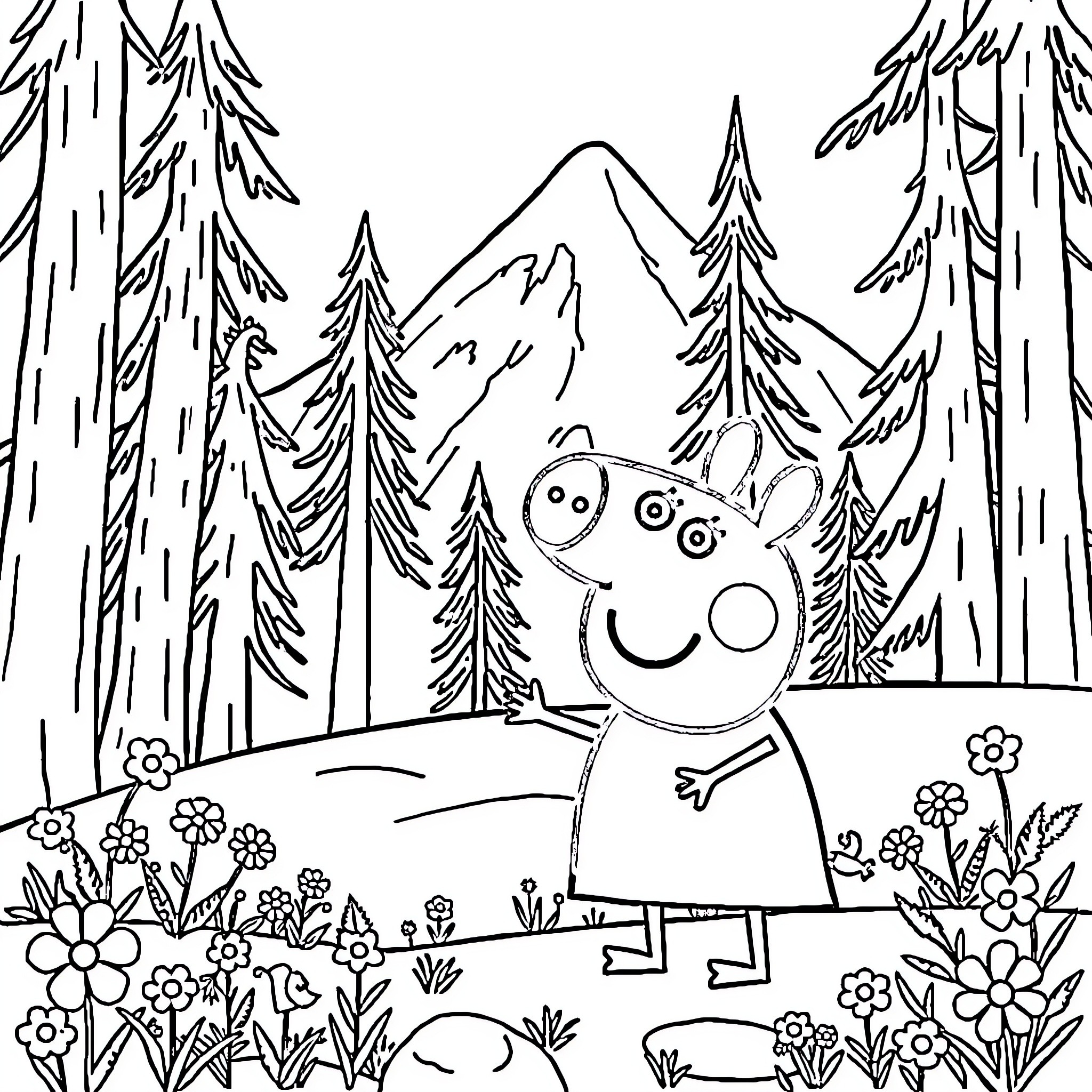 Peppa Pig enjoying nature in the mountains Coloring Page (free black-and-white line drawing printable PDF for all, from beginners to advanced learners, including children, teens, adults, and seniors)