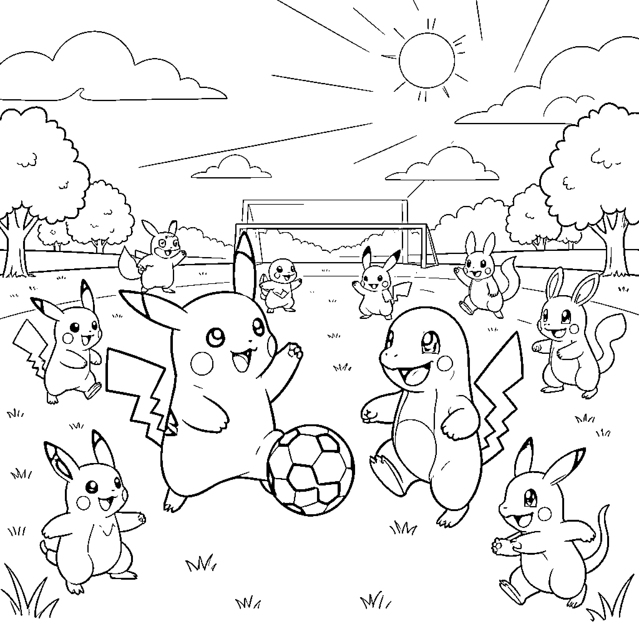 Pokémon playing soccer in a sunny field Coloring Page (free black-and-white line drawing printable PDF for all, from beginners to advanced learners, including children, teens, adults, and seniors)