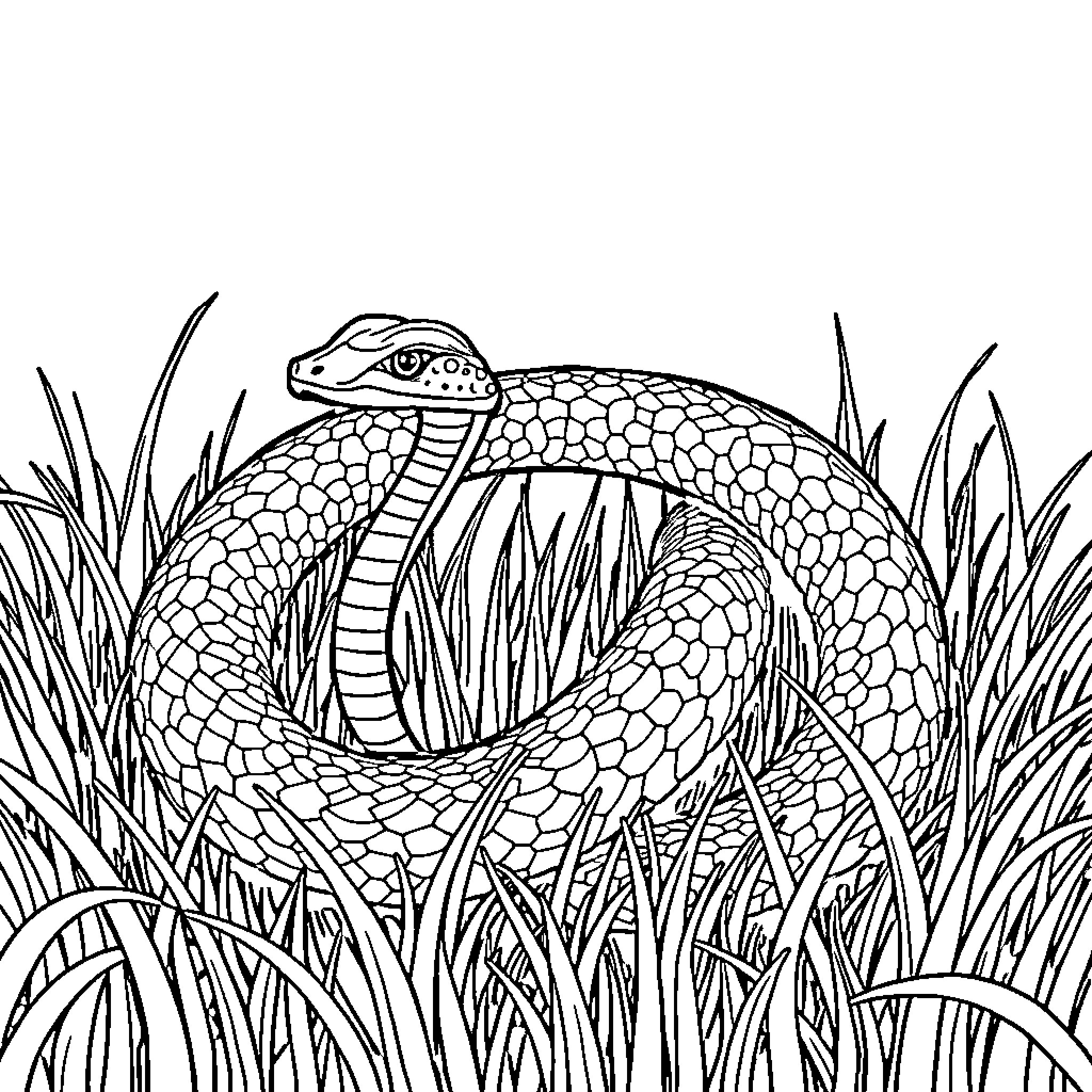 Snake slithering through lush grass Coloring Page (free black-and-white line drawing printable PDF for all, from beginners to advanced learners, including children, teens, adults, and seniors)