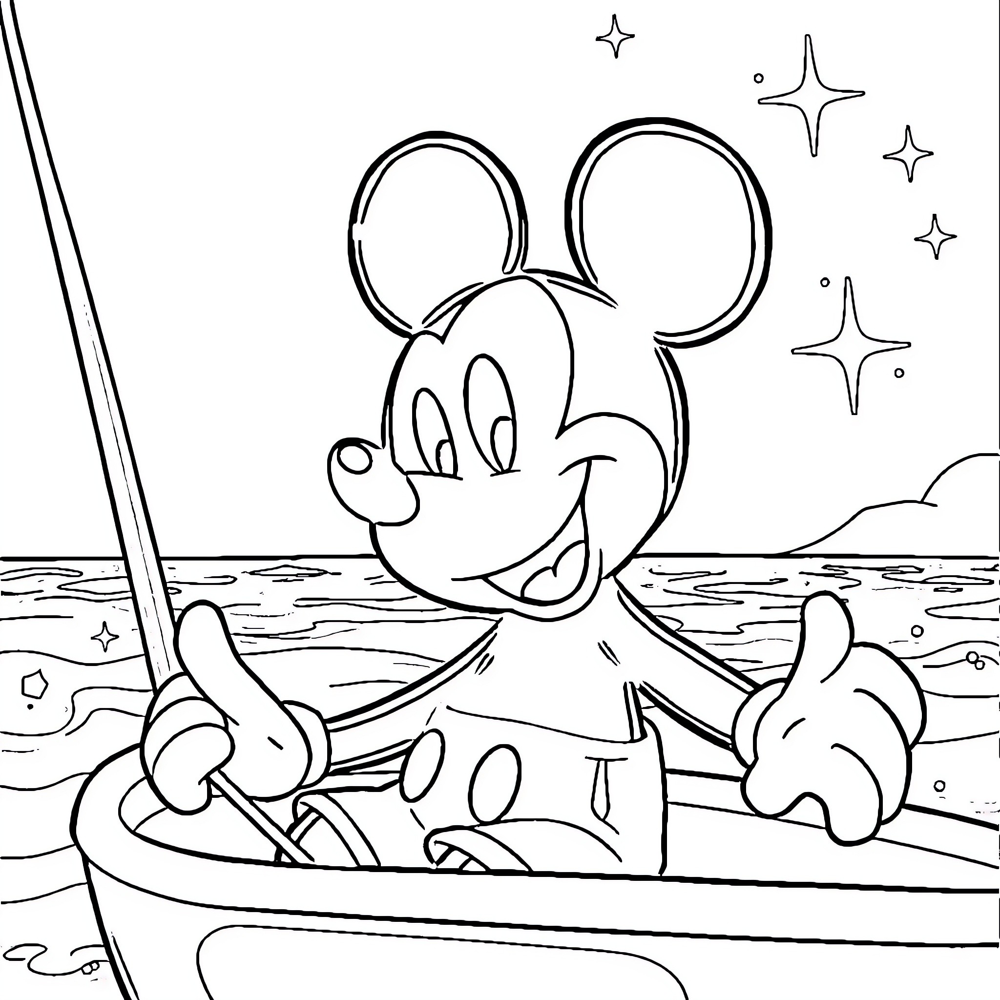 Mickey Mouse sailing on a boat with stars Coloring Page (free black-and-white line drawing printable PDF for all, from beginners to advanced learners, including children, teens, adults, and seniors)