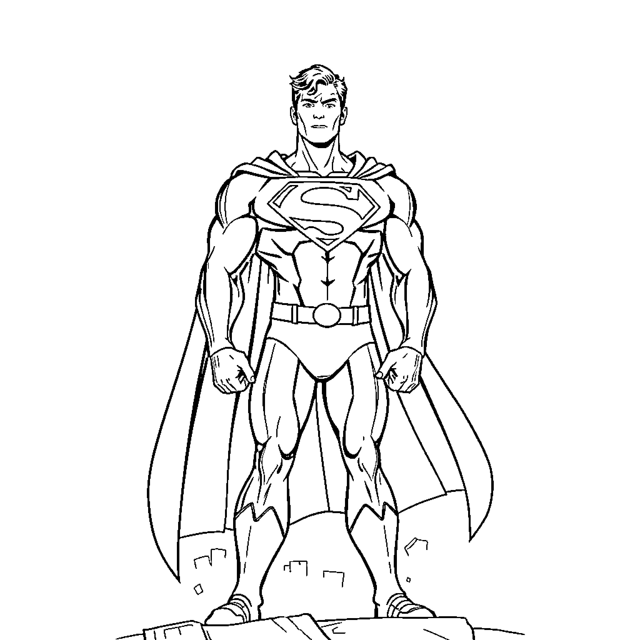 Superman heroically standing tall with cape Coloring Page (free black-and-white line drawing printable PDF for all, from beginners to advanced learners, including children, teens, adults, and seniors)