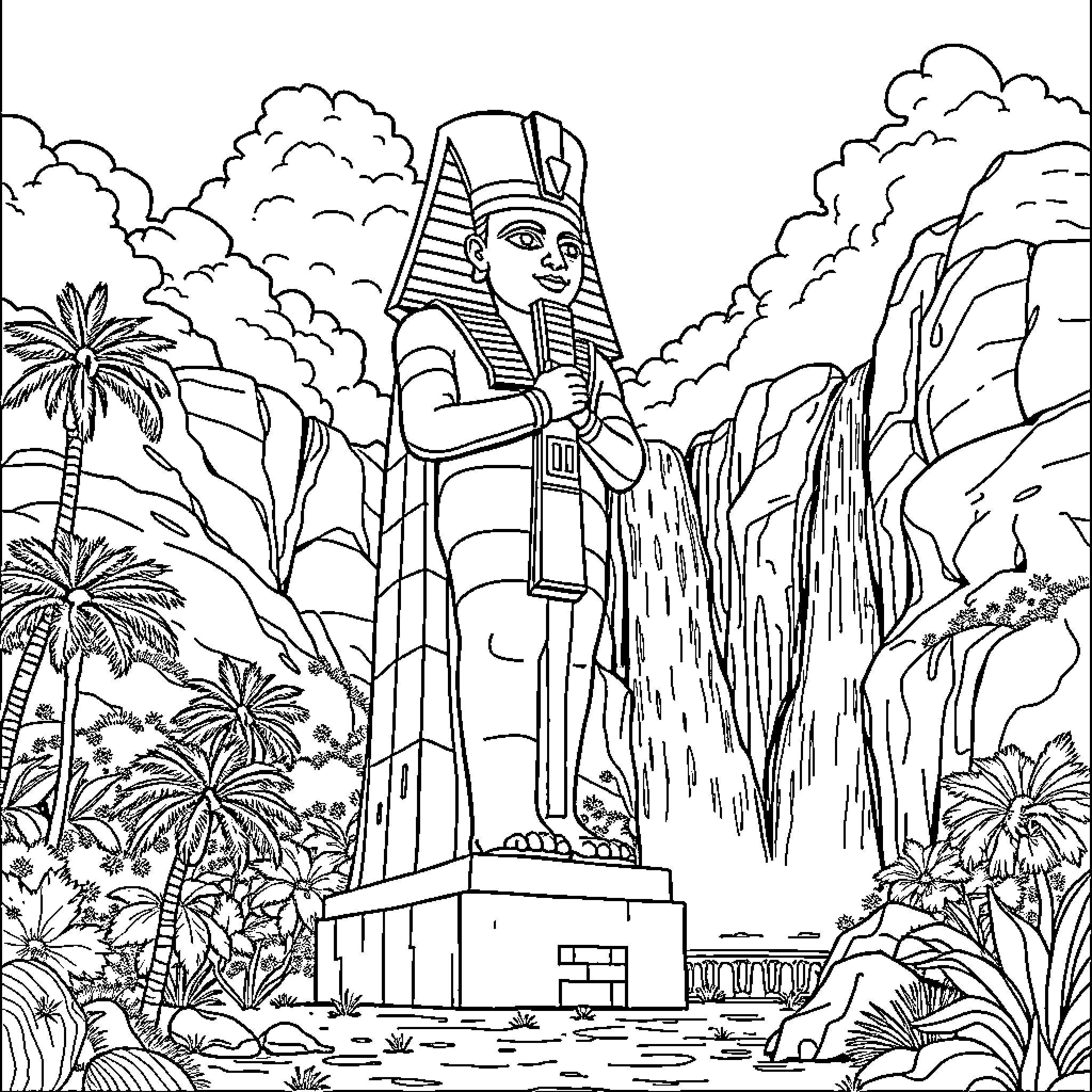 Axum Statue of Pharaoh Overlooking Lush Landscape Coloring Page (free black-and-white line drawing printable PDF for all, from beginners to advanced learners, including children, teens, adults, and seniors)