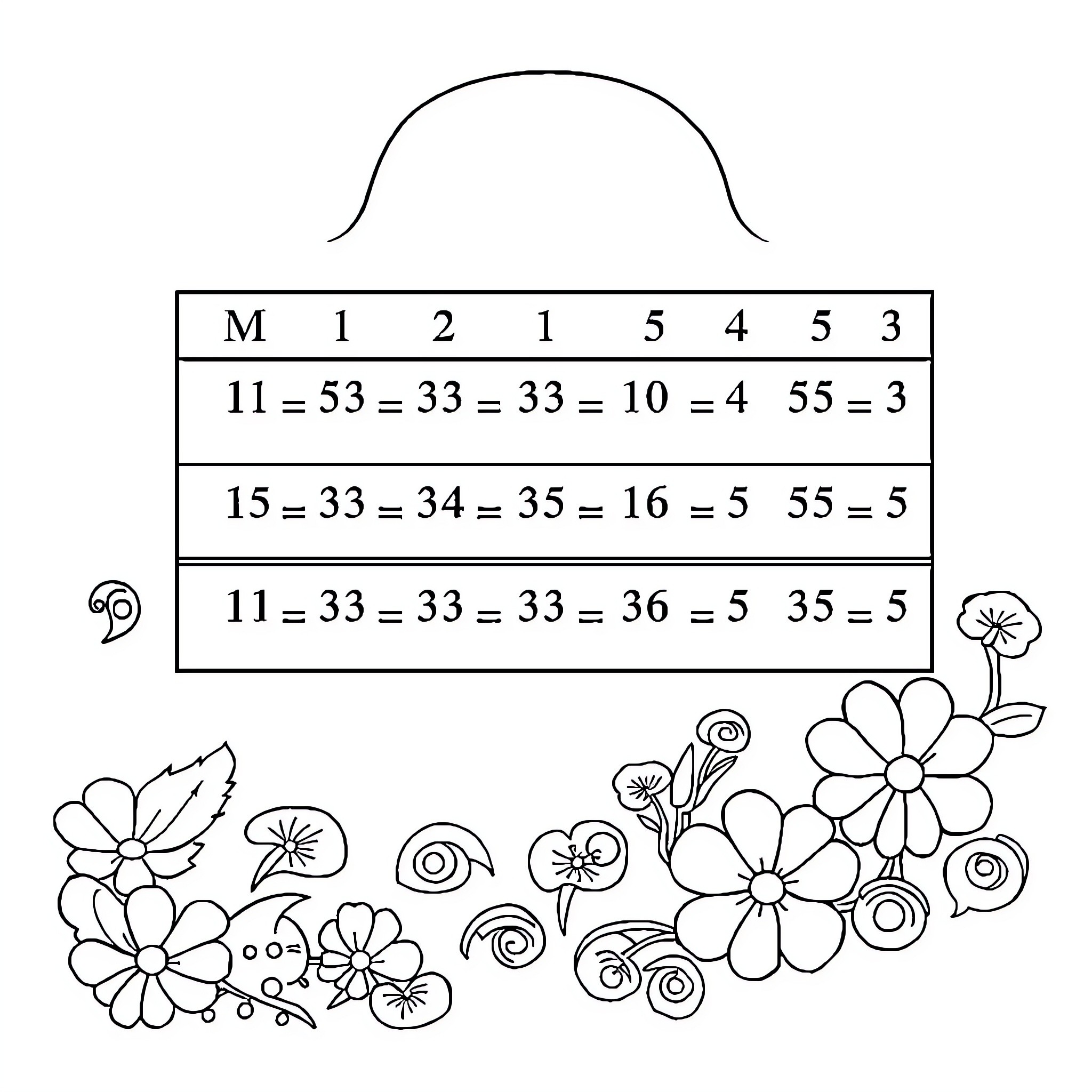 Multiplication and Division Practice with Floral Design Coloring Page (free black-and-white line drawing printable PDF for all, from beginners to advanced learners, including children, teens, adults, and seniors)